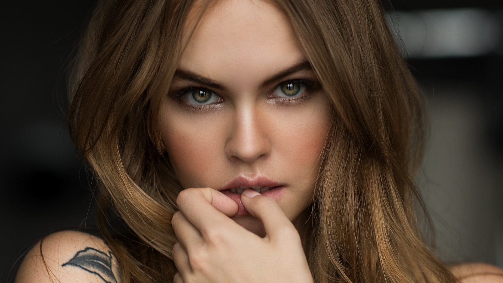 blonde, women, 1080P, finger on lips, face, tattoo, portrait, closeup, Anastasia Scheglova, green eyes, HD Wallpaper