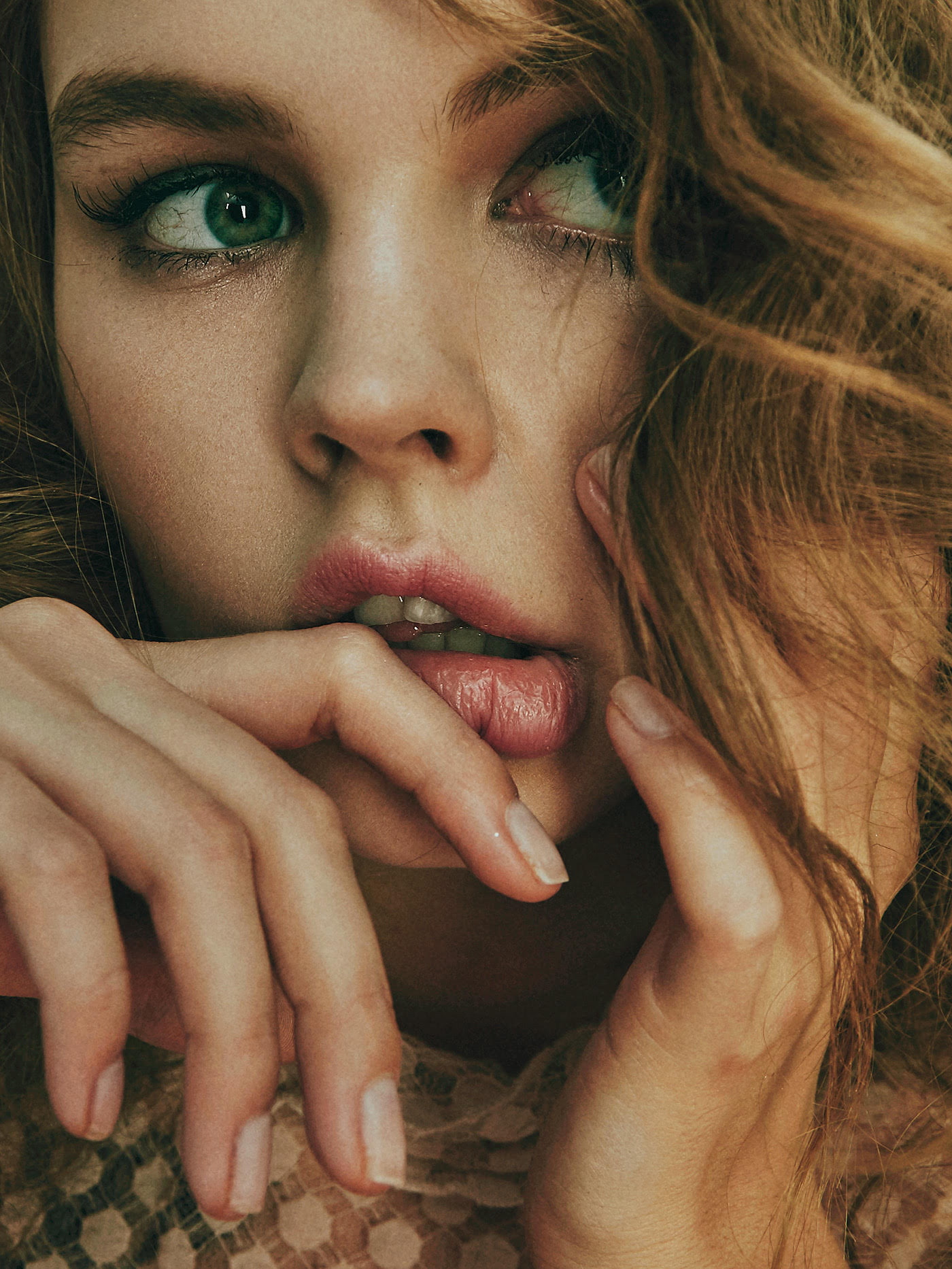 Evgeny Kuznetsov, hands in hair, model, Anastasia Scheglova, face, 720P, portrait display, fingers, juicy lips, blonde, women, green eyes, Phone HD Wallpaper