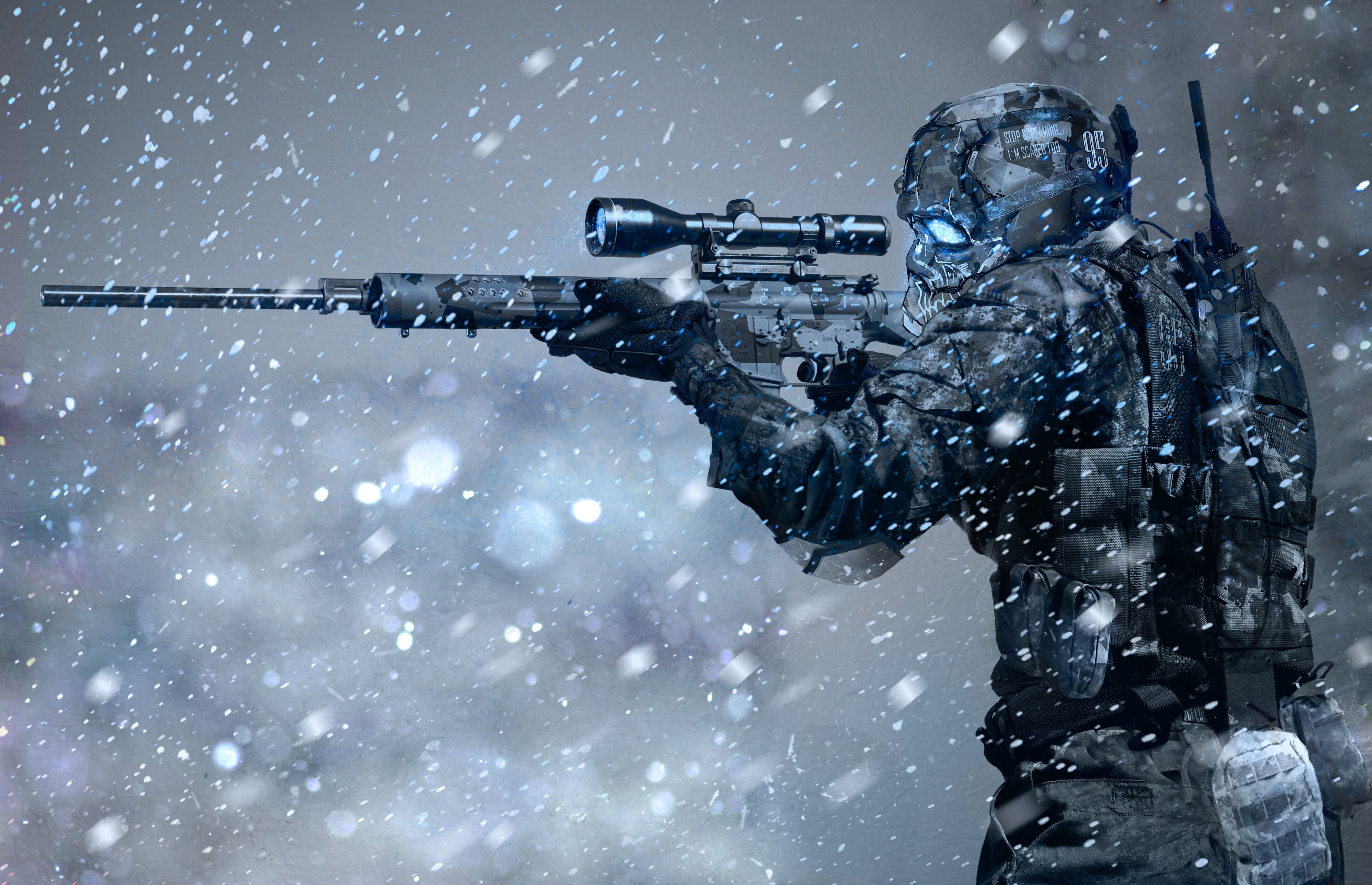 4K, futuristic, snow, sniper rifle, science fiction, soldier, winter, special forces, HD Wallpaper