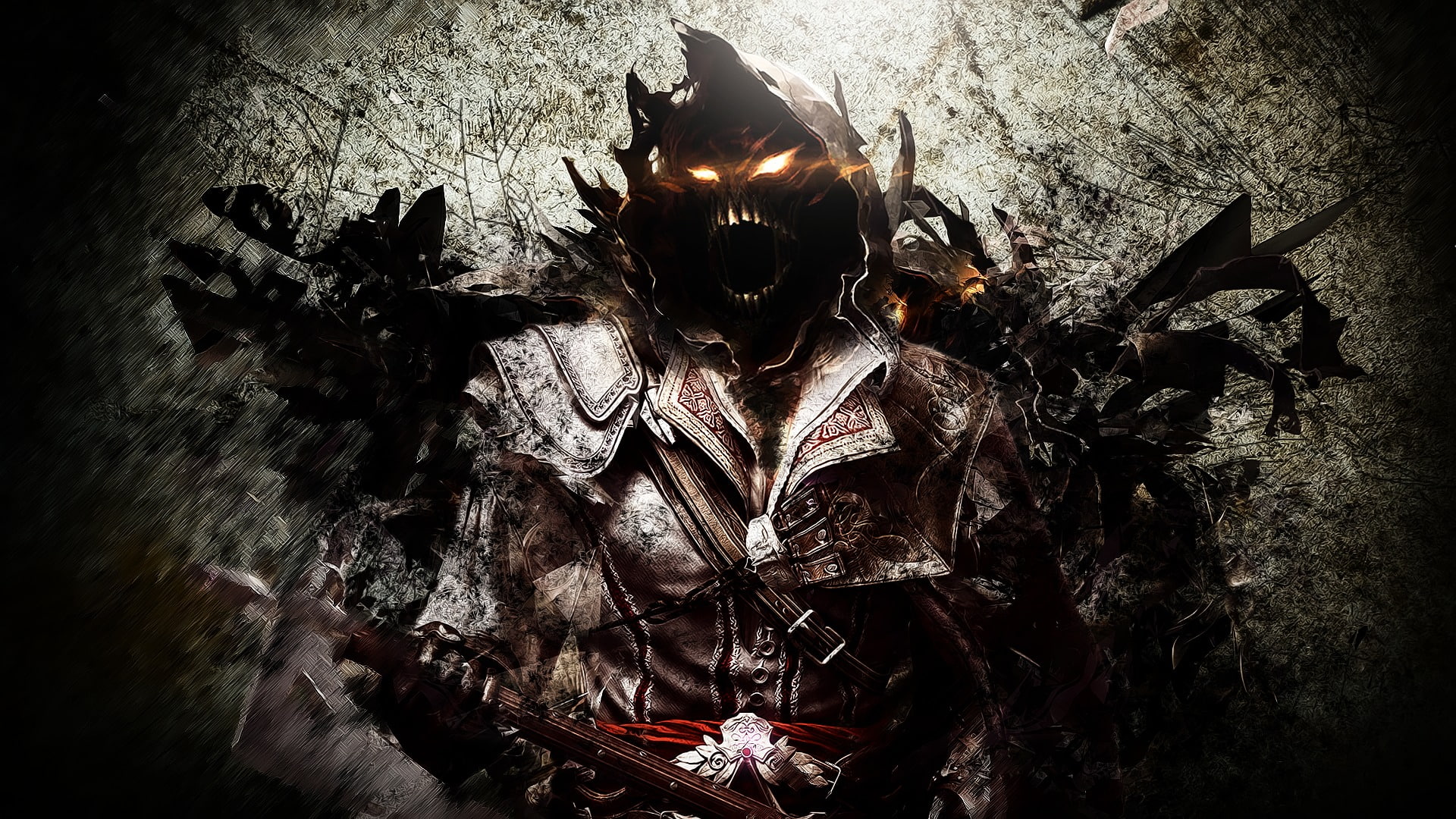 character, 1080P, obscured face, gray, music, hood, axe, representation, spooky, front view, human skeleton, no people, digital composite, belt, HD Wallpaper