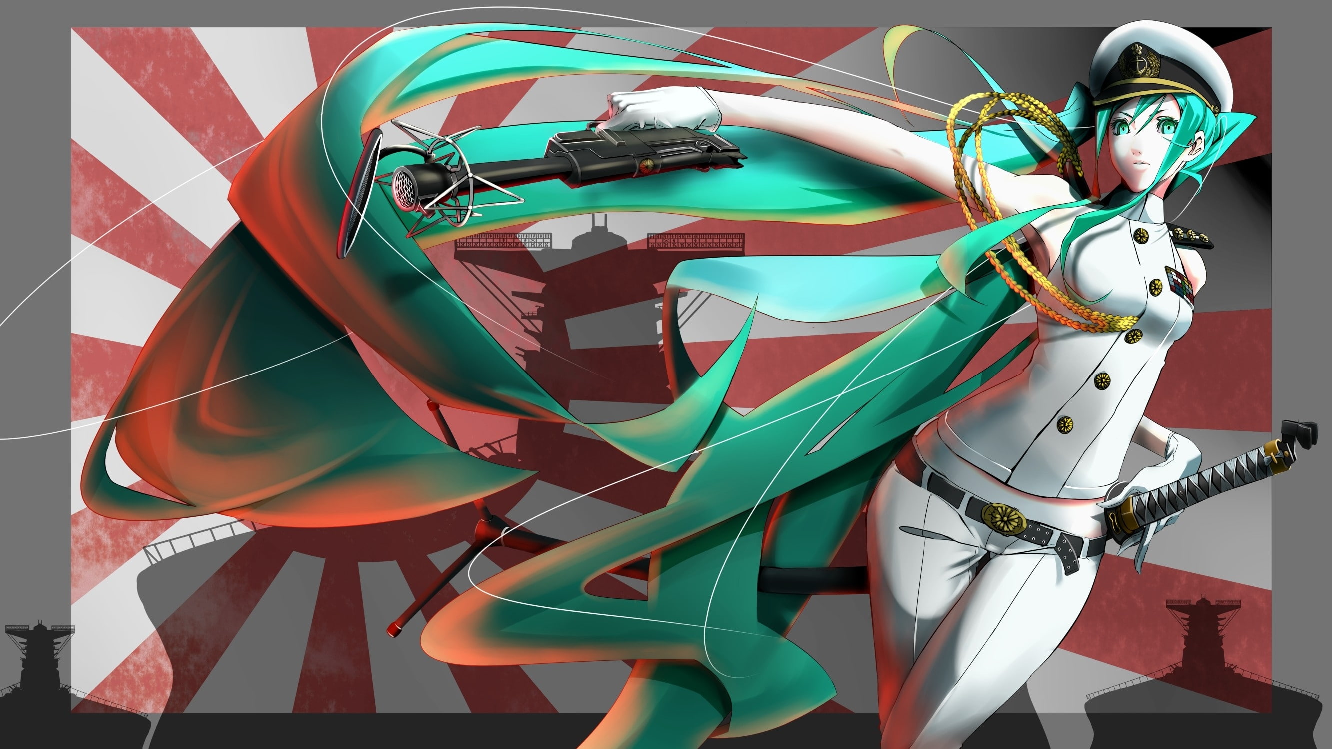 2K, aircraft, gloves, belts, guns, hatsune, miku, pants, army, vocaloid, ships, hair, weapons, art, hd, military, katana, uniforms, long, HD Wallpaper