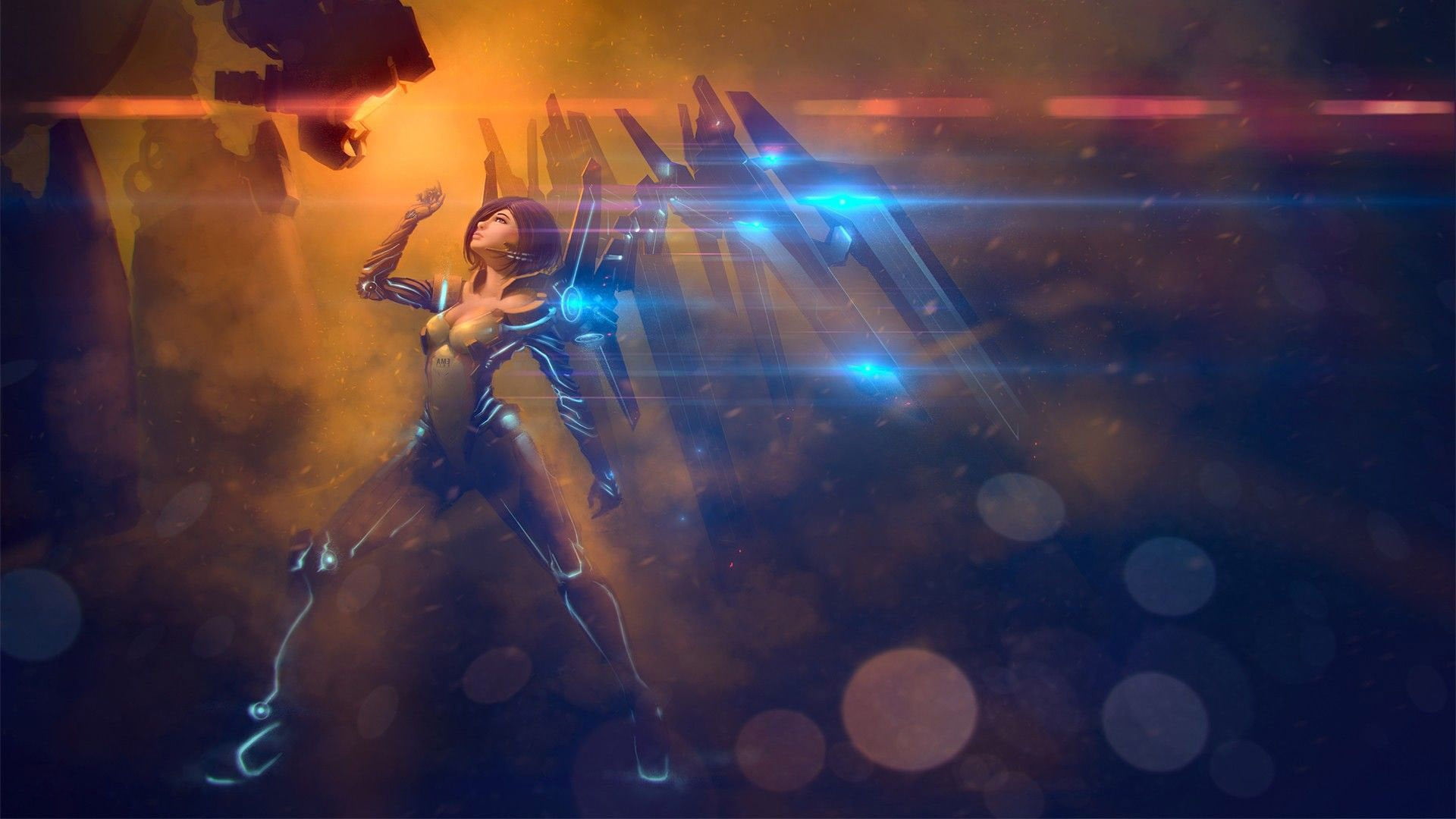 one person, music, battle, side view, dancing, stage, illuminated, robot, night, 1080P, concept art, fantasy art, digital, fashion, beautiful people, human limb, HD Wallpaper