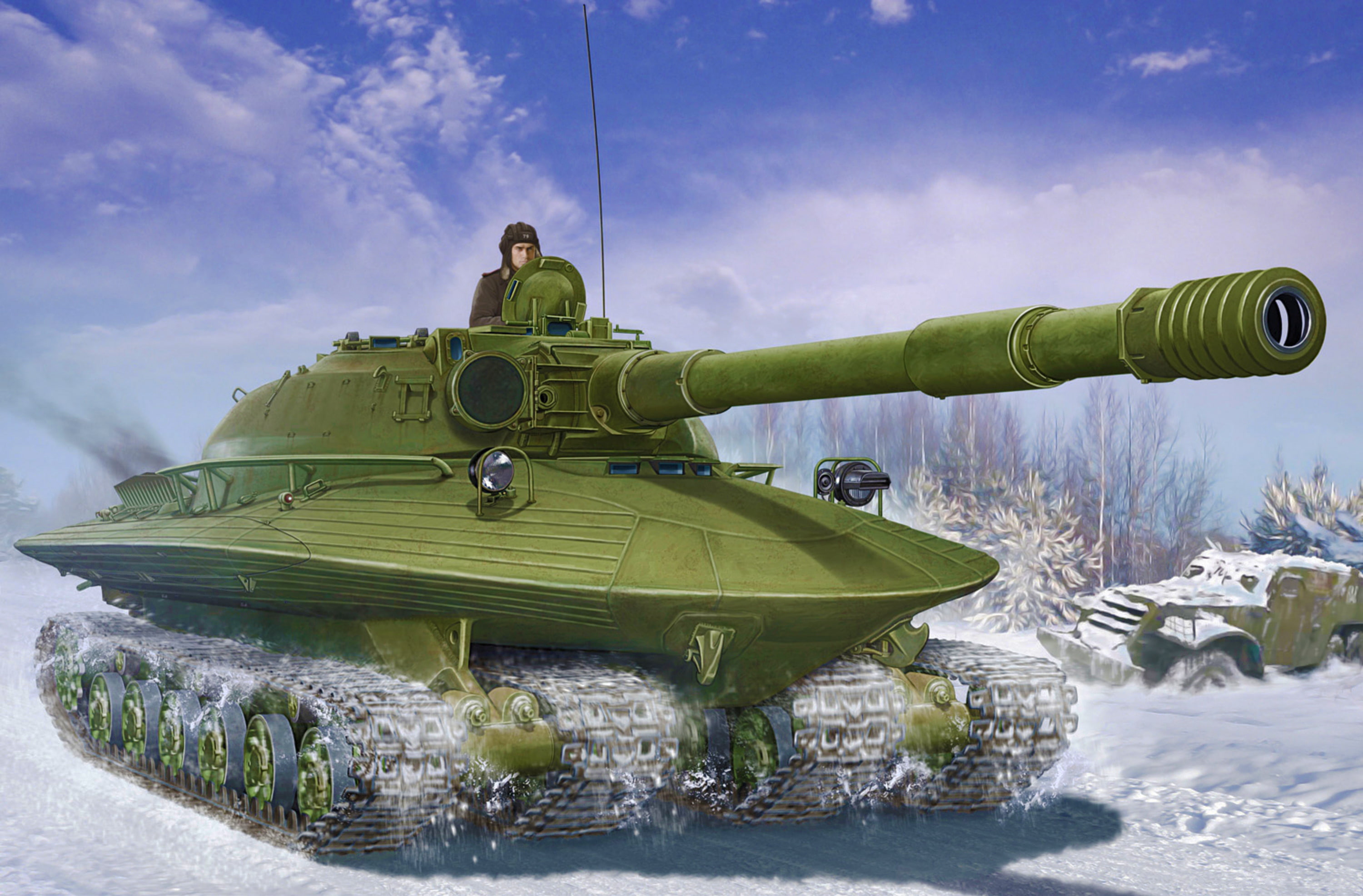 Soviet Heavy Tank OBJECT 279, nature, aggression, winter, painting, fanart, mode of transportation, armed Forces, military, man, one person, transportation, HD Wallpaper