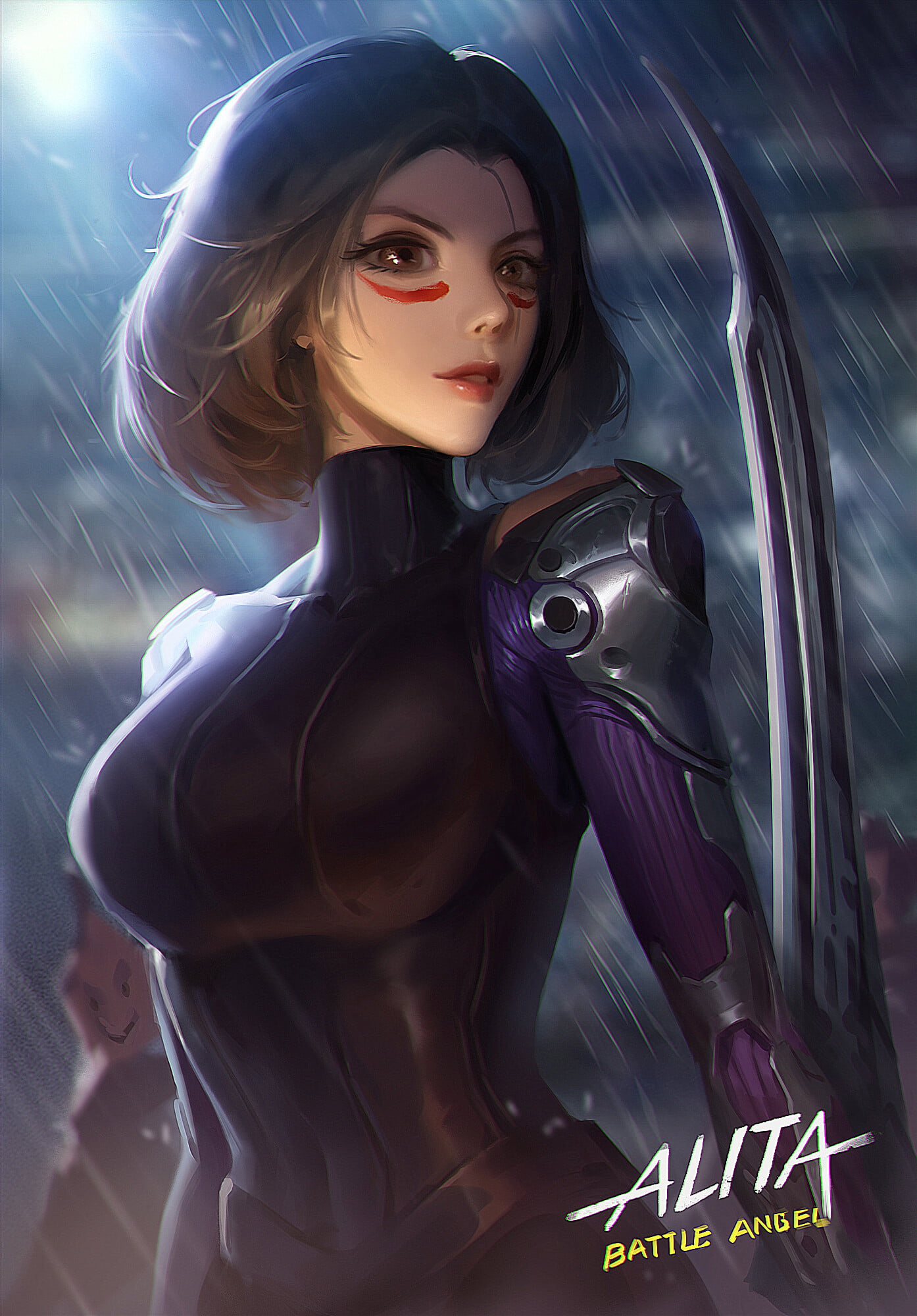 digital art, Alita: Battle Angel, 1080P, cyborg, digital painting, rain, fan art, ArtStation, Phone HD Wallpaper