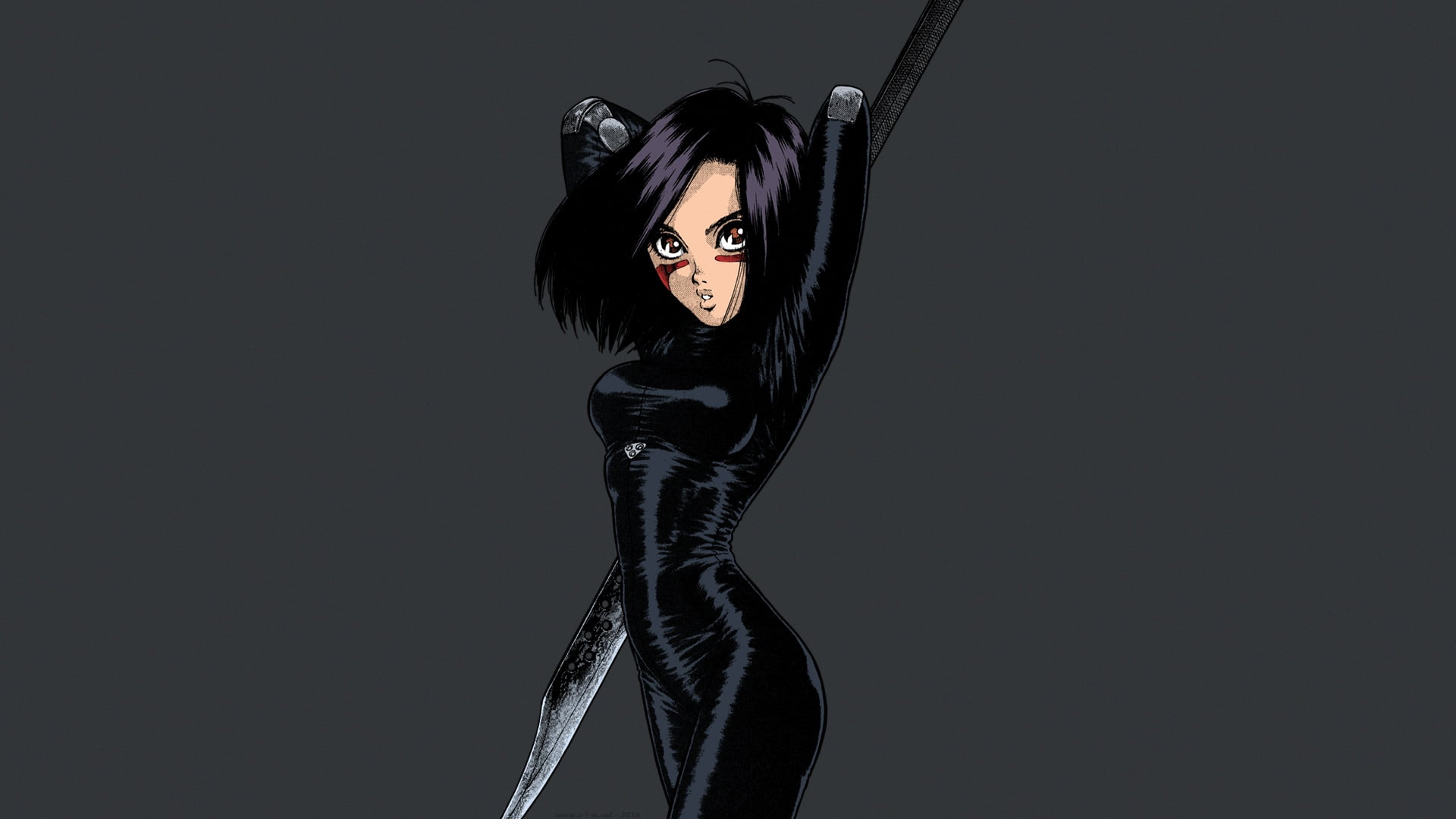 artwork, anime, dark hair, cyborg, black suit, Alita, manga, grey background, girl, minimalism, simple background, suit, warrior, spear, weapon, 1080P, HD Wallpaper