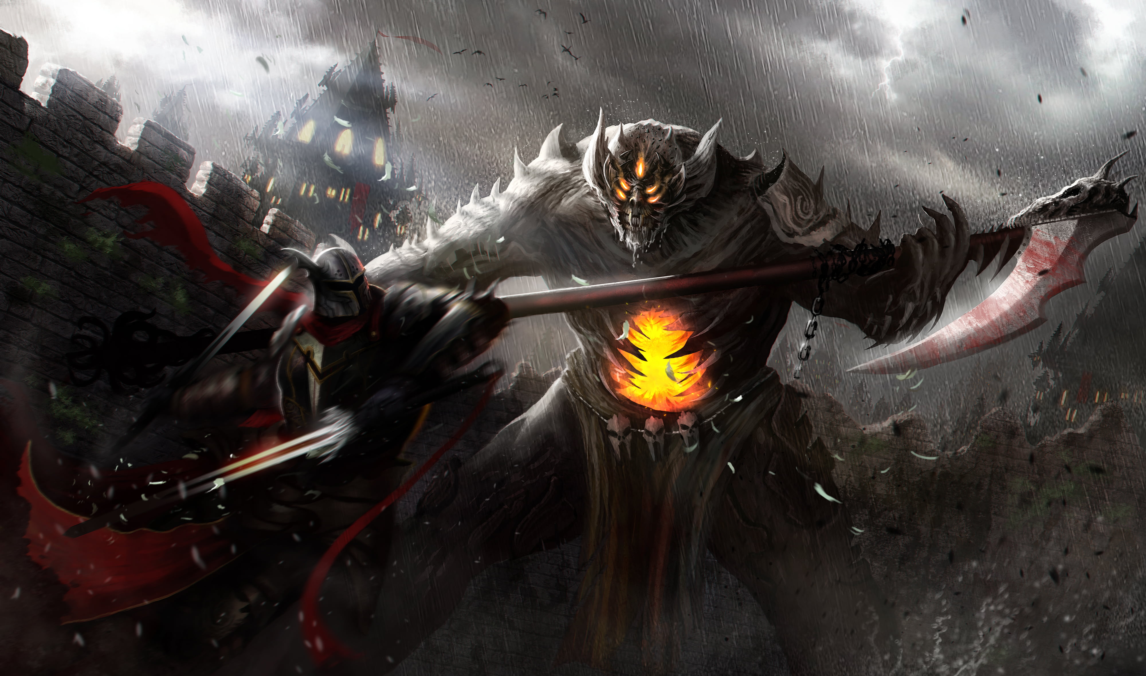 storm, sword, tower, armor, fictional creatures, fictional, battle, painting, 4K, rain, demon, creature, weapon, digital art, knight, fantasy art, dark, HD Wallpaper