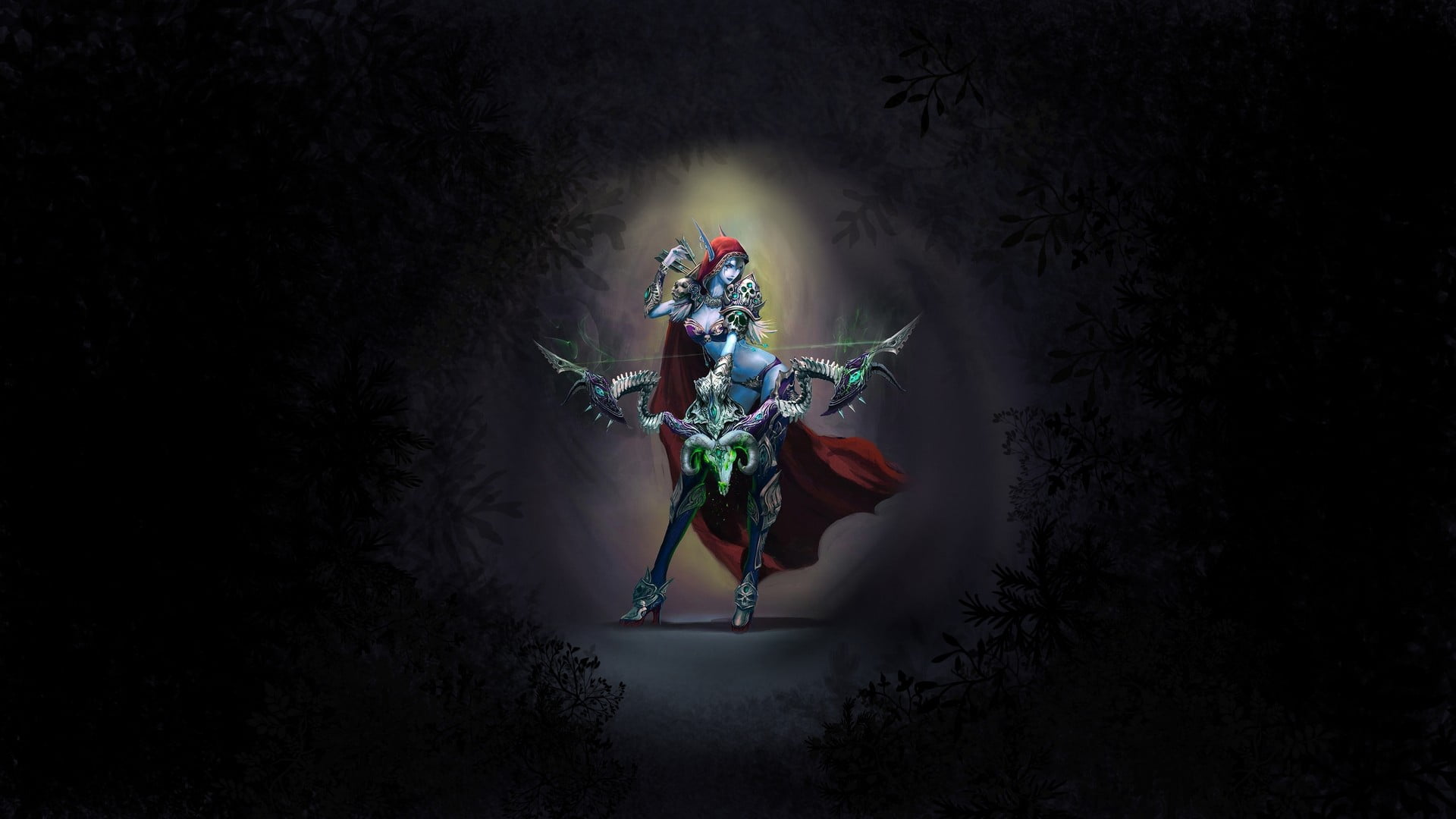 World of Warcraft, fantasy girl, Sylvanas Windrunner, sport, motion, full length, dress, indoors, black background, illuminated, 1080P, adult, young adult, HD Wallpaper