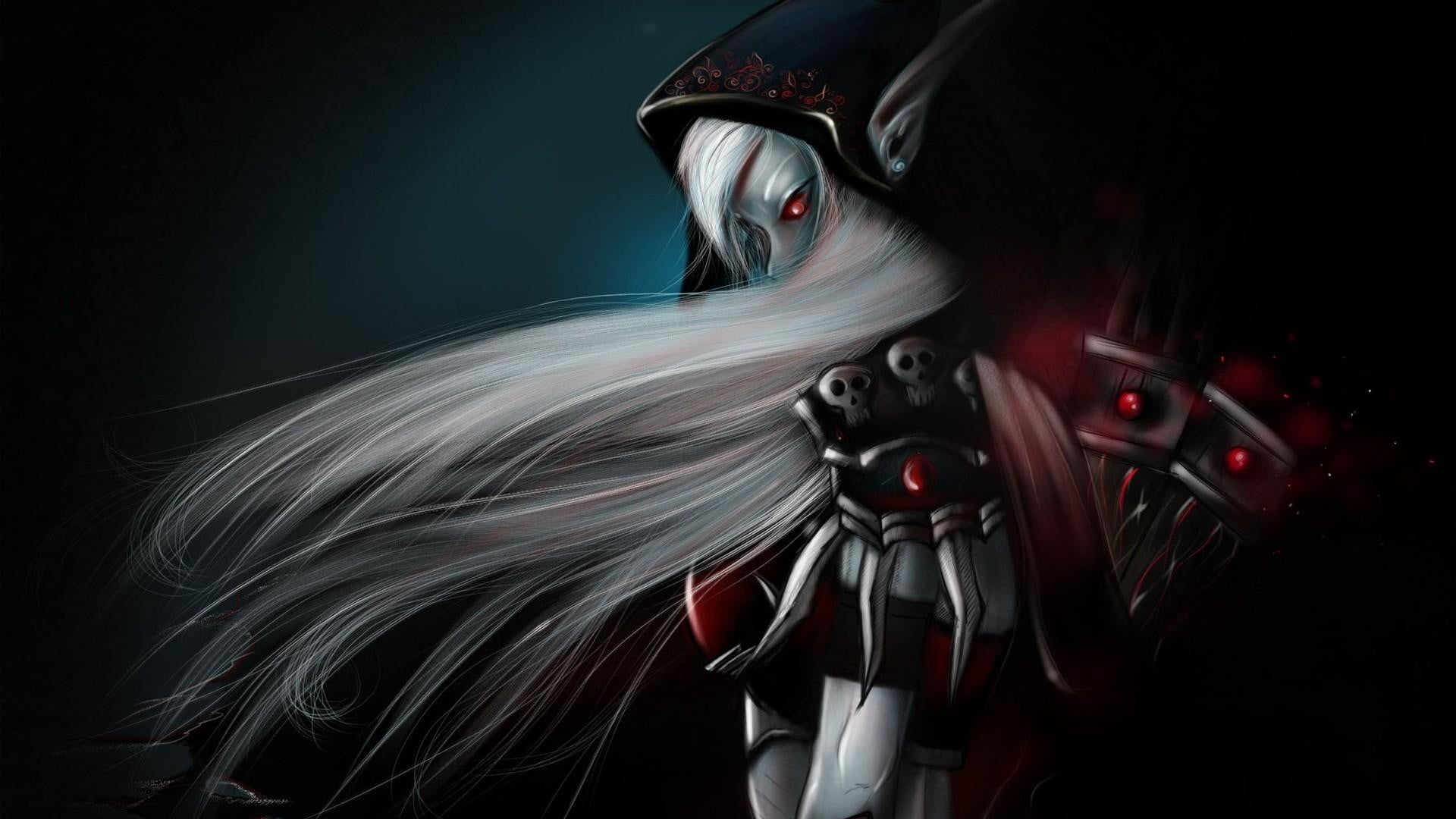 anime, black background, technology, long hair, white hair, metal, cyborg, helmet, mystery, headwear, headshot, Sylvanas Windrunner, illuminated, science, HD Wallpaper