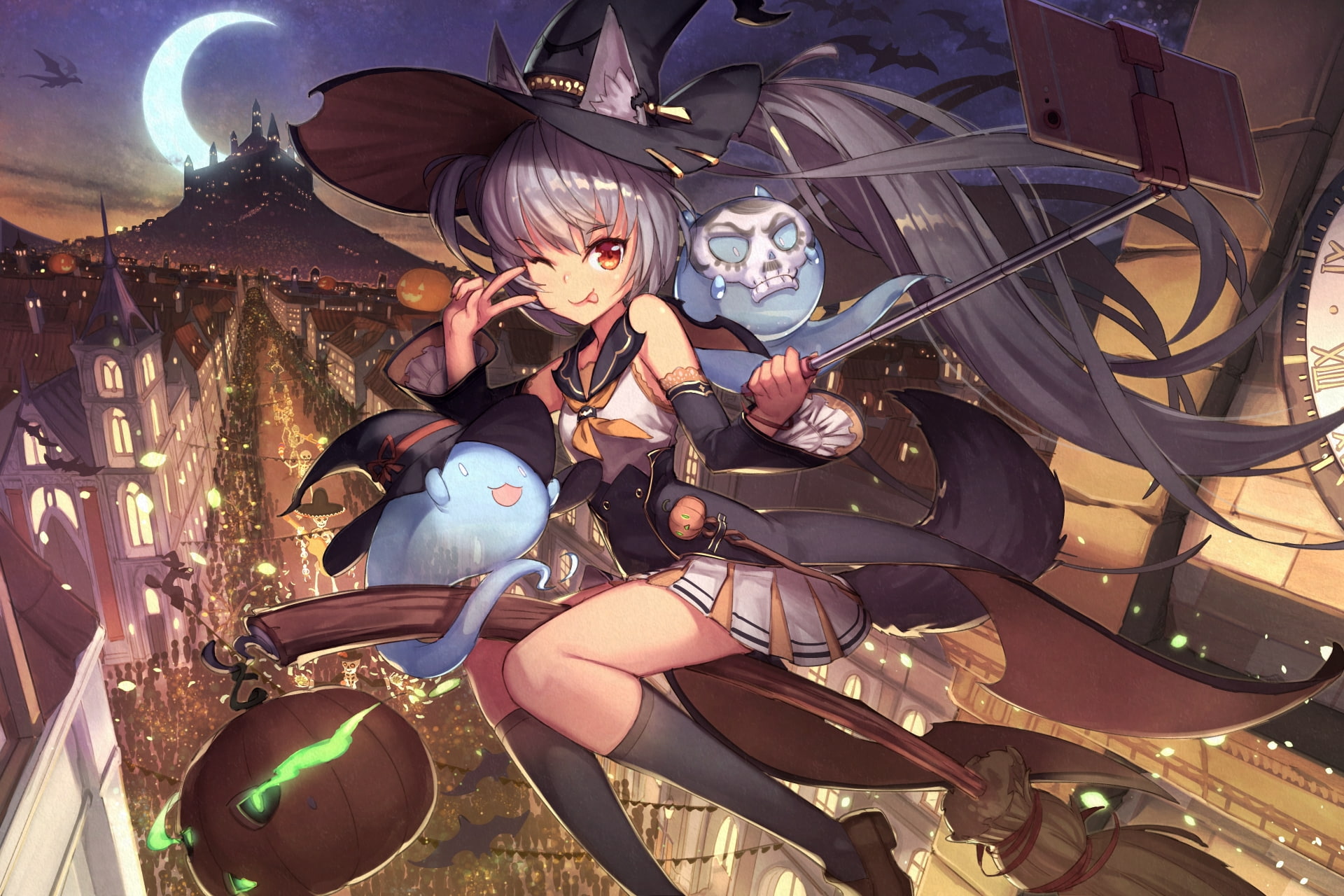 indoors, adult, sitting, real people, young women, pumpkin, buildings, anime girl, full length, moon, 1080P, representation, Anime, wink, nature, human representation, HD Wallpaper