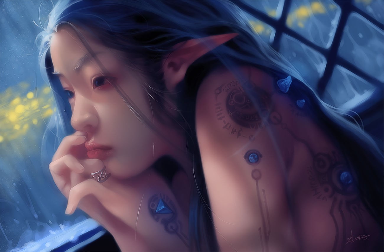 pointed ears, fantasy art, blue hair, 720P, tattoo, 2D, HD Wallpaper