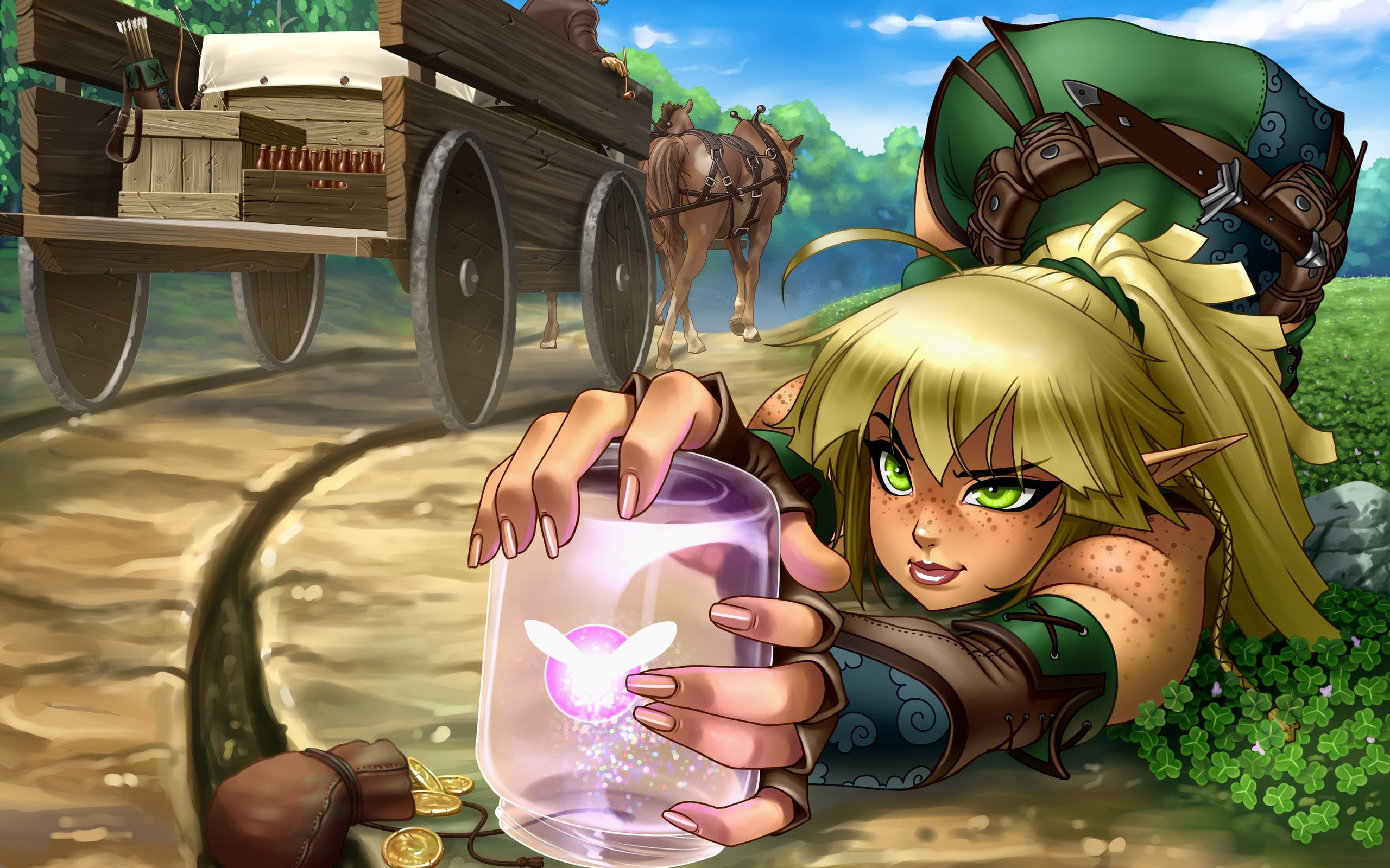 fantasy girl, 2K, fantasy art, fairies, pointed ears, green eyes, blonde, RoninDude, Ray Cornwell II, coins, Linkle, The Legend of Zelda, HD Wallpaper