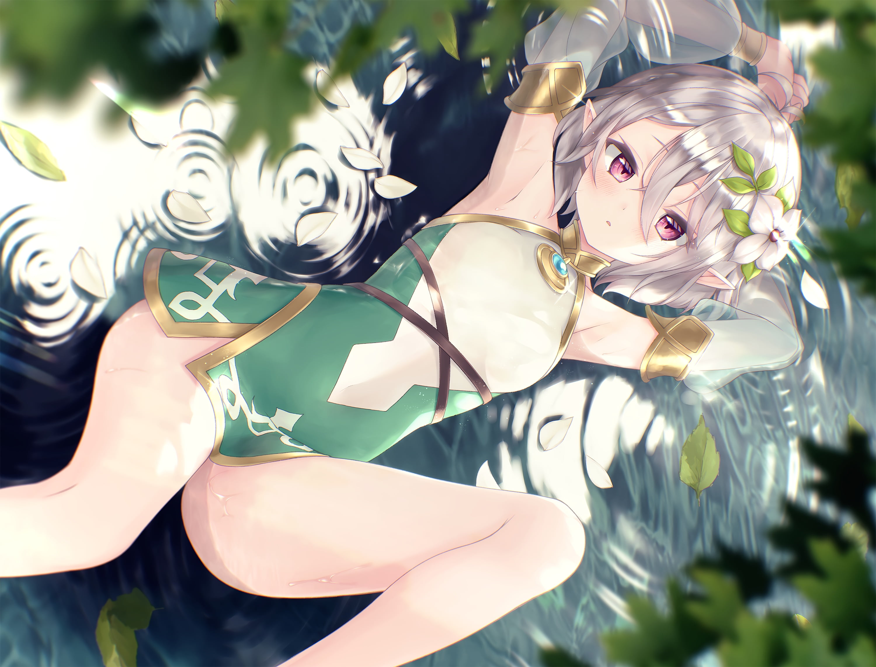 2K, flowers, wet, pink eyes, dress, Kokkoro (Princess Connect), thighs, leaves, pointed ears, short hair, gray hair, HD Wallpaper