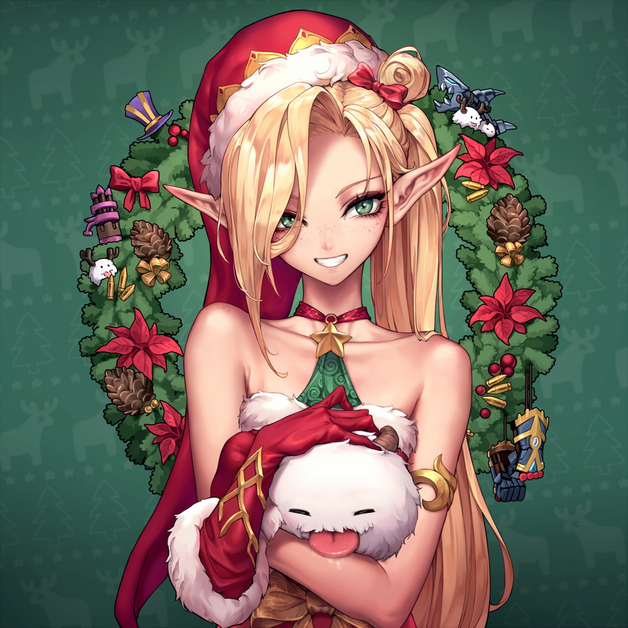 Jinx (League of Legends), Christmas, blonde, red bow, gloves, green eyes, League of Legends, Oopartz Yang, portrait display, 720P, Santa hats, pointed, Phone HD Wallpaper