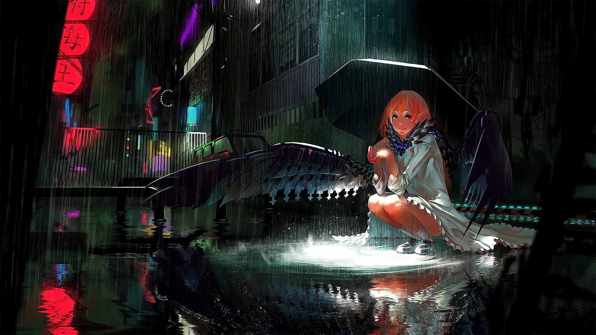 smiling, water, craft, original characters, built structure, rain, no people, anime girls, night, motion, pointed ears, art and craft, representation, redhead, HD Wallpaper