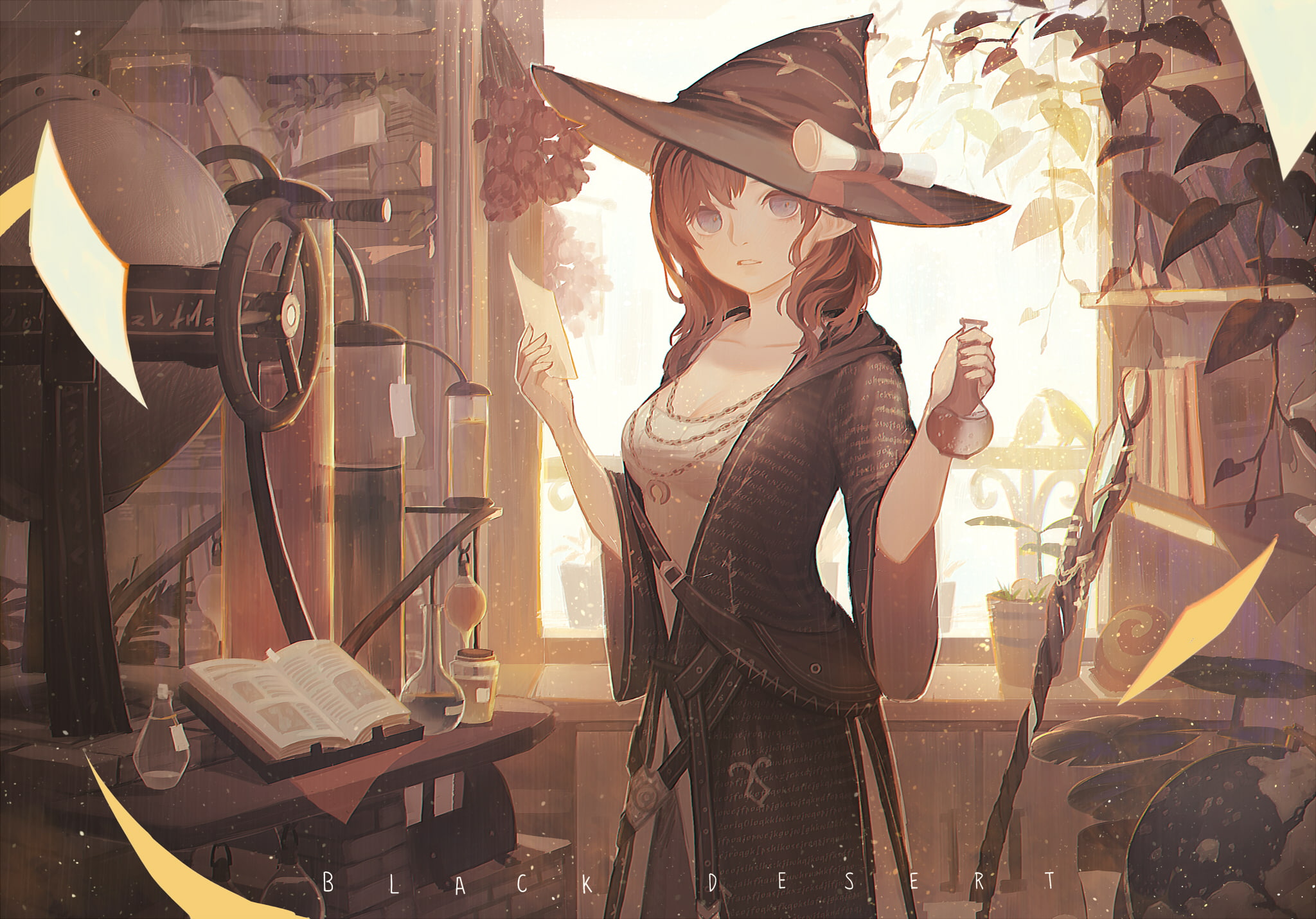 brunette, hat, books, drink, long hair, blue eyes, black desert online, pointed ears, cleavage, flowers, 1080P, Halloween, birds, HD Wallpaper