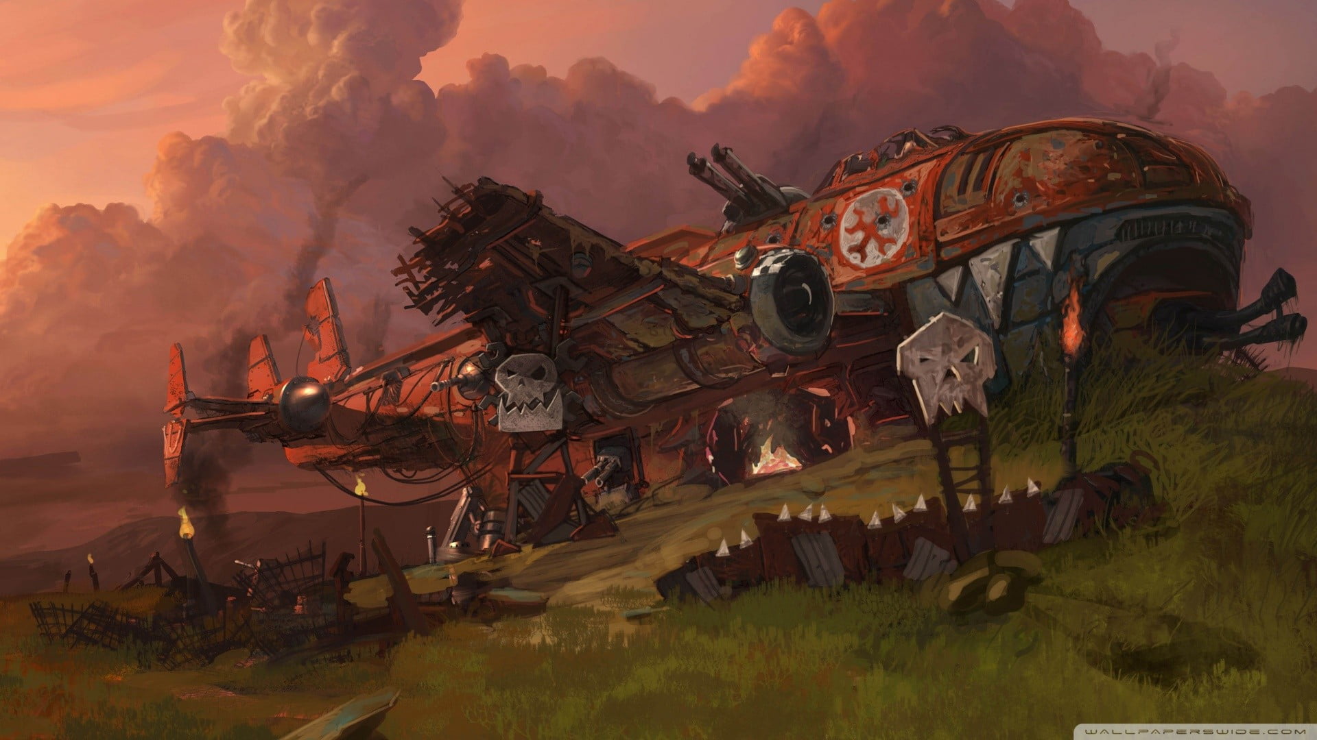 nature, outdoors, communication, dusk, artwork, accidents and disasters, flame, military, architecture, 1080P, wrecked, orcs, sign, burning, Warhammer 40, HD Wallpaper