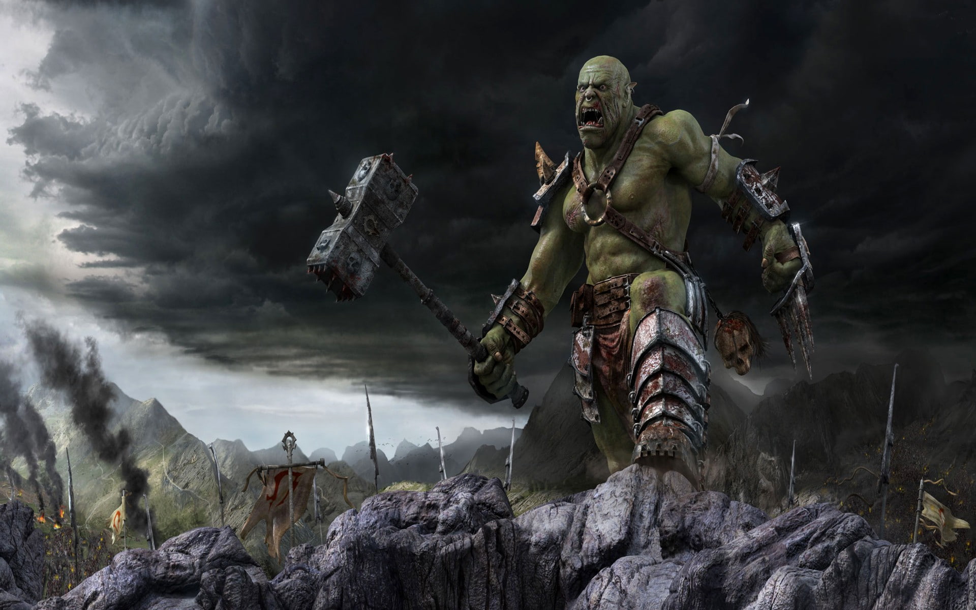 outdoors, fantasy art, sculpture, rock - object, low angle view, religion, rock, male likeness, art and craft, spirituality, solid, cloud - sky, orcs, human representation, HD Wallpaper