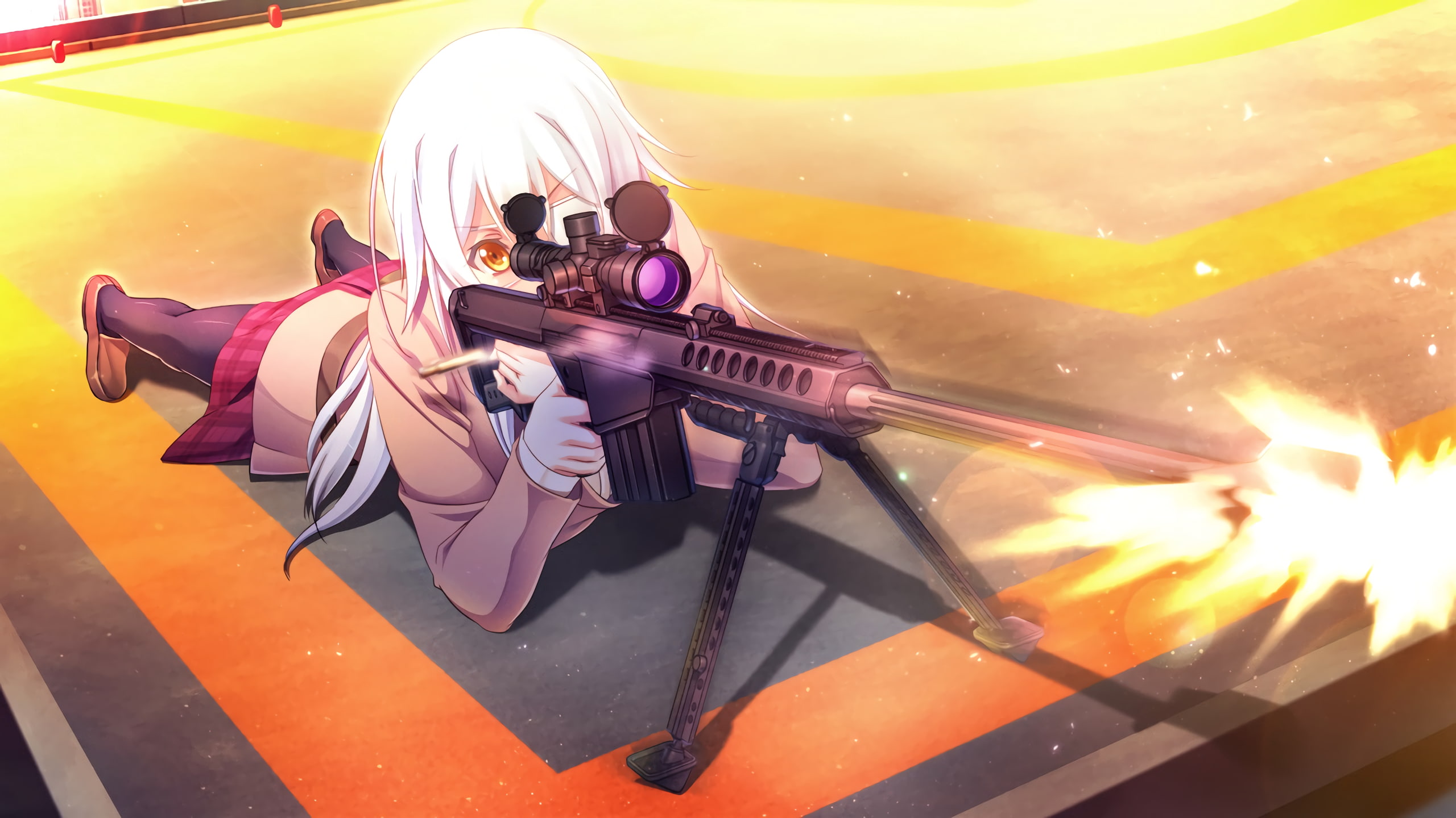 illuminated, gun, sniper rifle, Miyasu Sanae, Game CG, one person, long hair, yellow, anime girls, orange color, outdoors, Innocent Bullet, lifestyles, HD Wallpaper