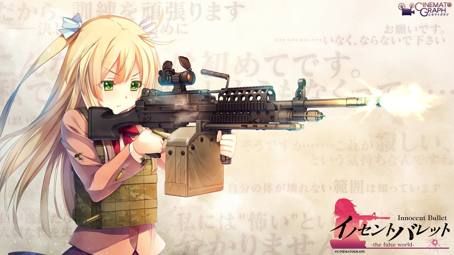 anime girls, people, communication, women, waist up, representation, clothing, real people, anime, Yasouji Ai, technology, Game CG, weapon, standing, western script, HD Wallpaper