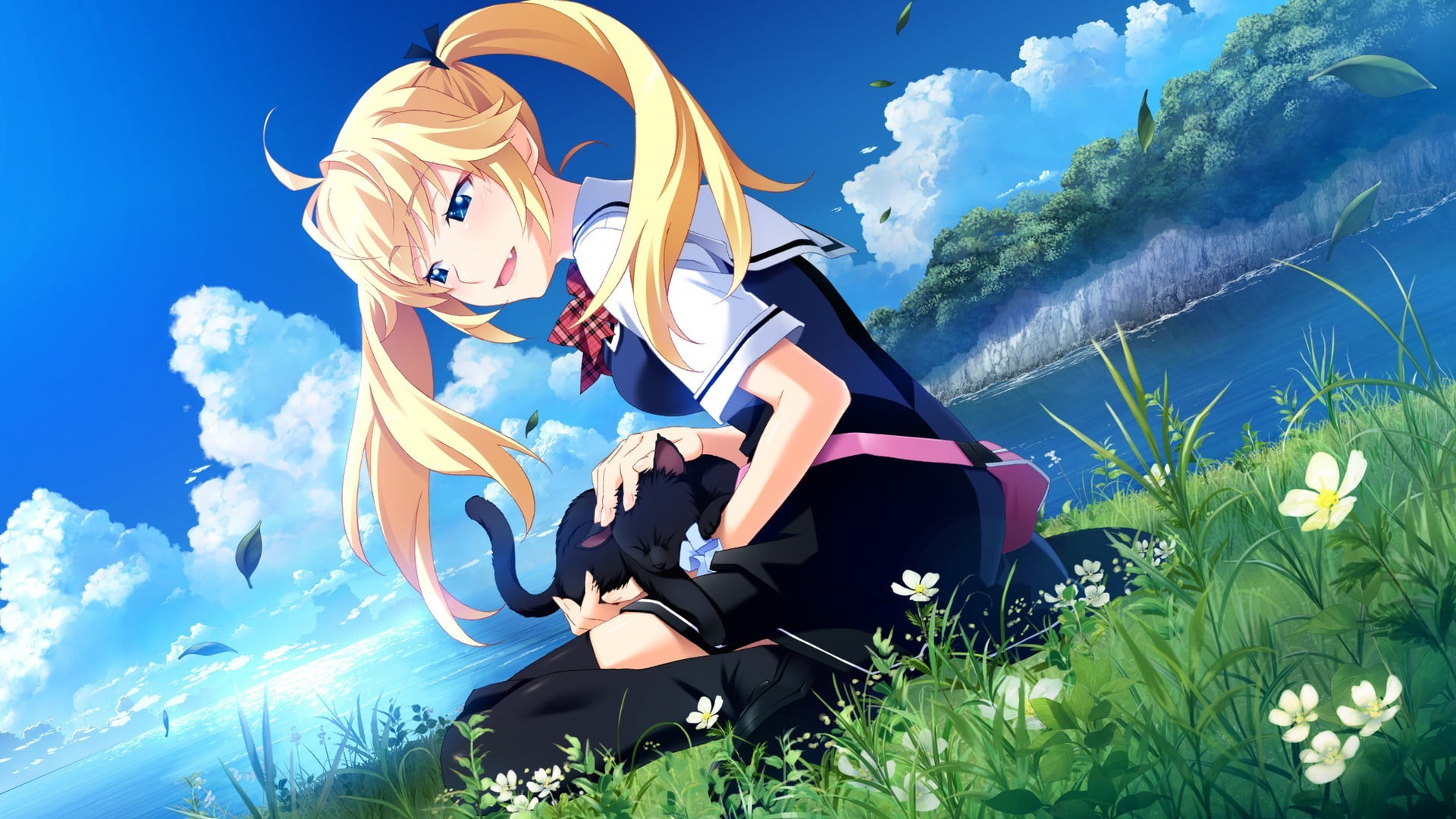 sky, blue eyes, day, lifestyles, character, sea, flowering plant, blonde, school uniform, cat, anime, clouds, nature, one person, blue, anime girls, outdoors, HD Wallpaper
