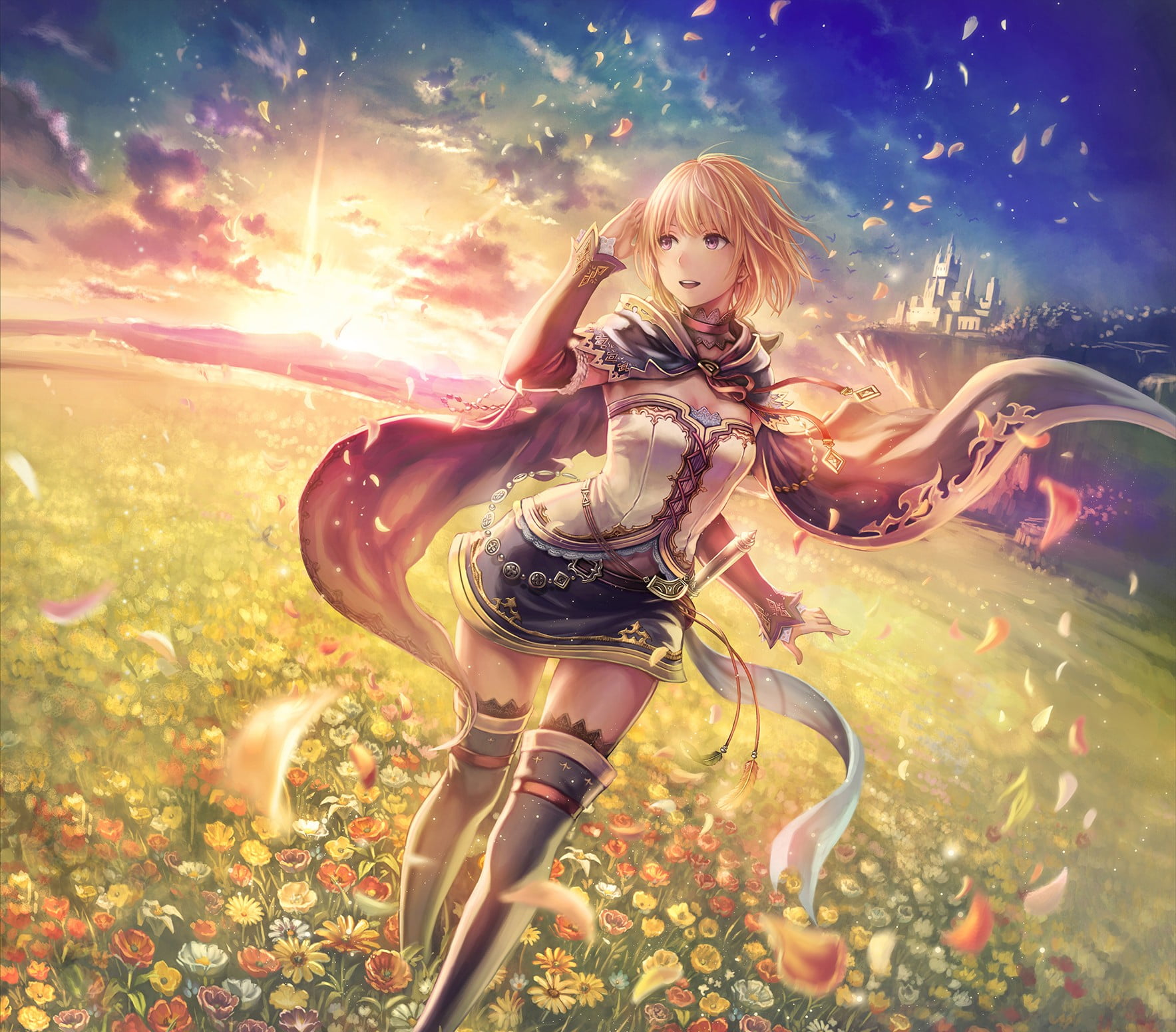 field, hairstyle, castle, beautiful woman, cloud - Sky, nature, young adult, sky, yellow, blue, one Person, futuristic, anime girls, sunset, females, original characters, HD Wallpaper