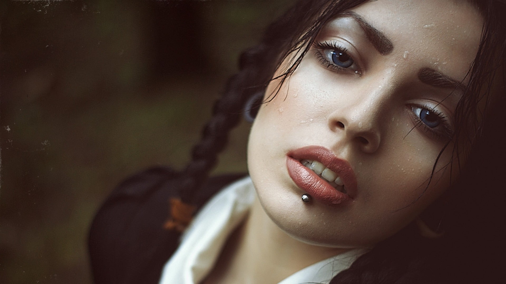young adult, body part, blue eyes, headshot, adult, model, water drops, beauty, contemplation, looking at camera, wet, teardrop, brunette, emotion, sadness, HD Wallpaper