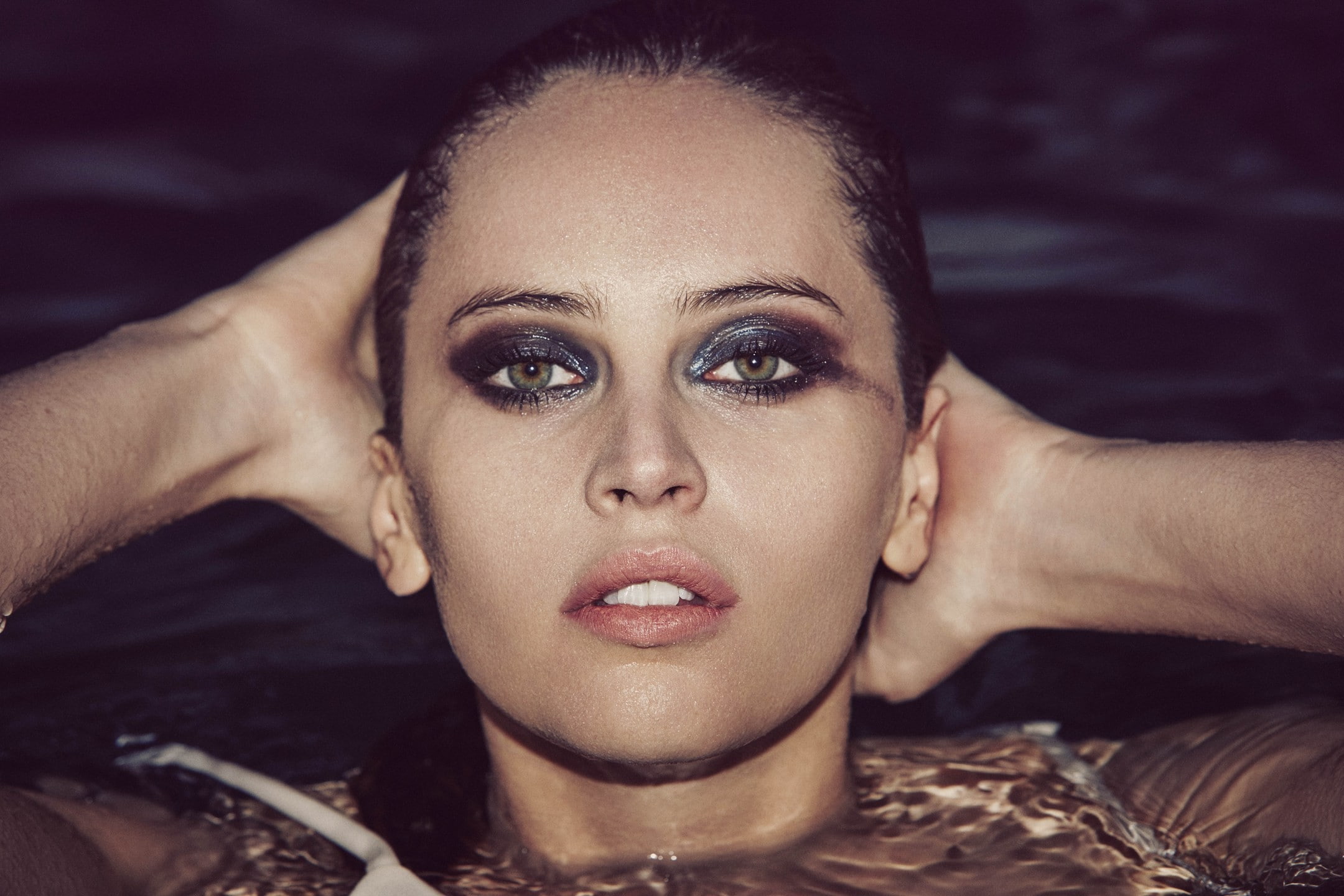 human face, body part, close-up, young adult, white tops, front view, human body part, swimming pool, adult, depression - sadness, 1080P, wet hair, Felicity Jones, HD Wallpaper
