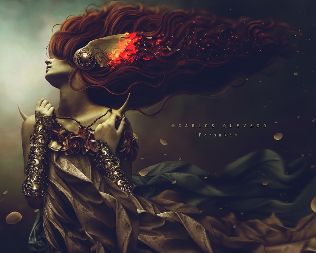 girl, fire, luminos, Forsaken, fantasy, angel, 480P, carlos quevedo, HD Wallpaper