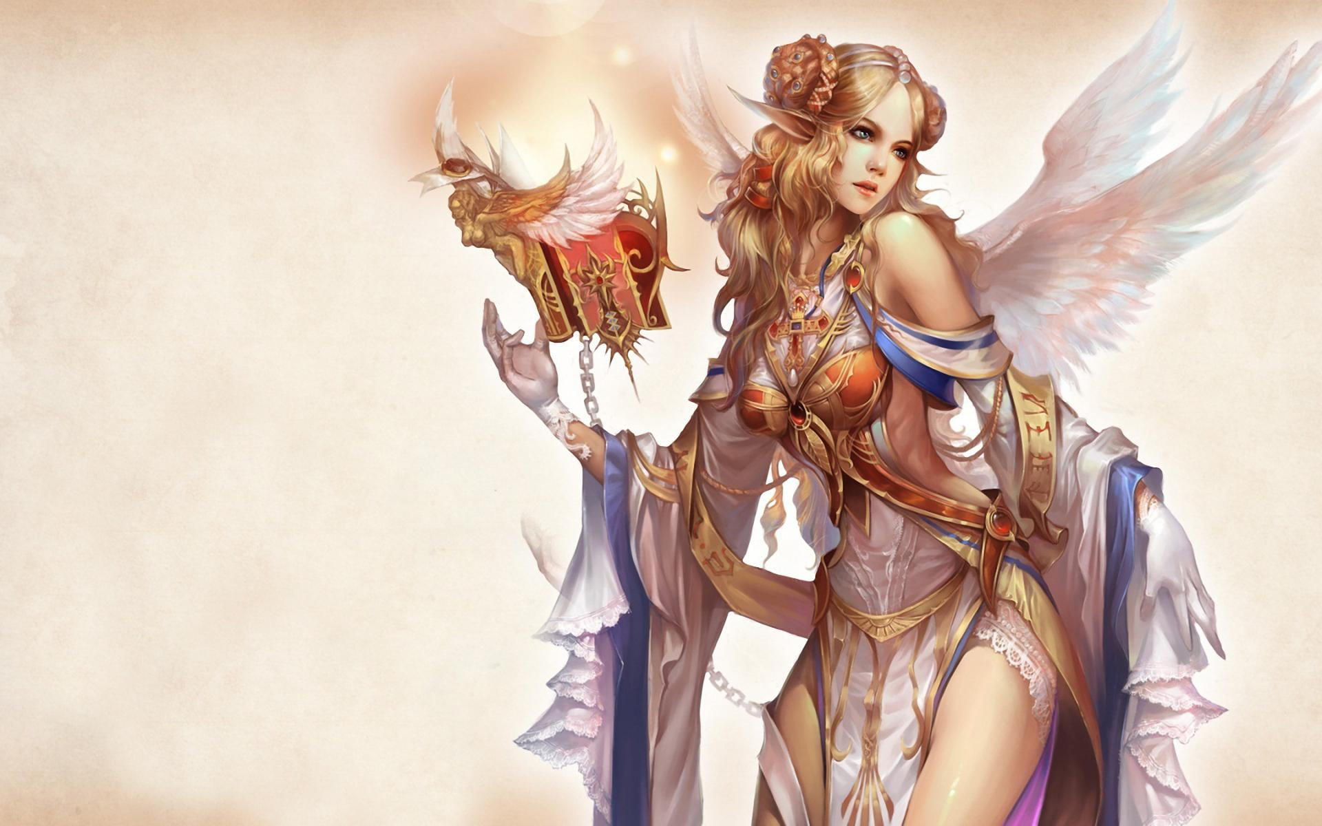 blonde hair, wings, video games, book, female, games, 1080P, blue eyes, forsaken world, forsaken, angel, HD Wallpaper