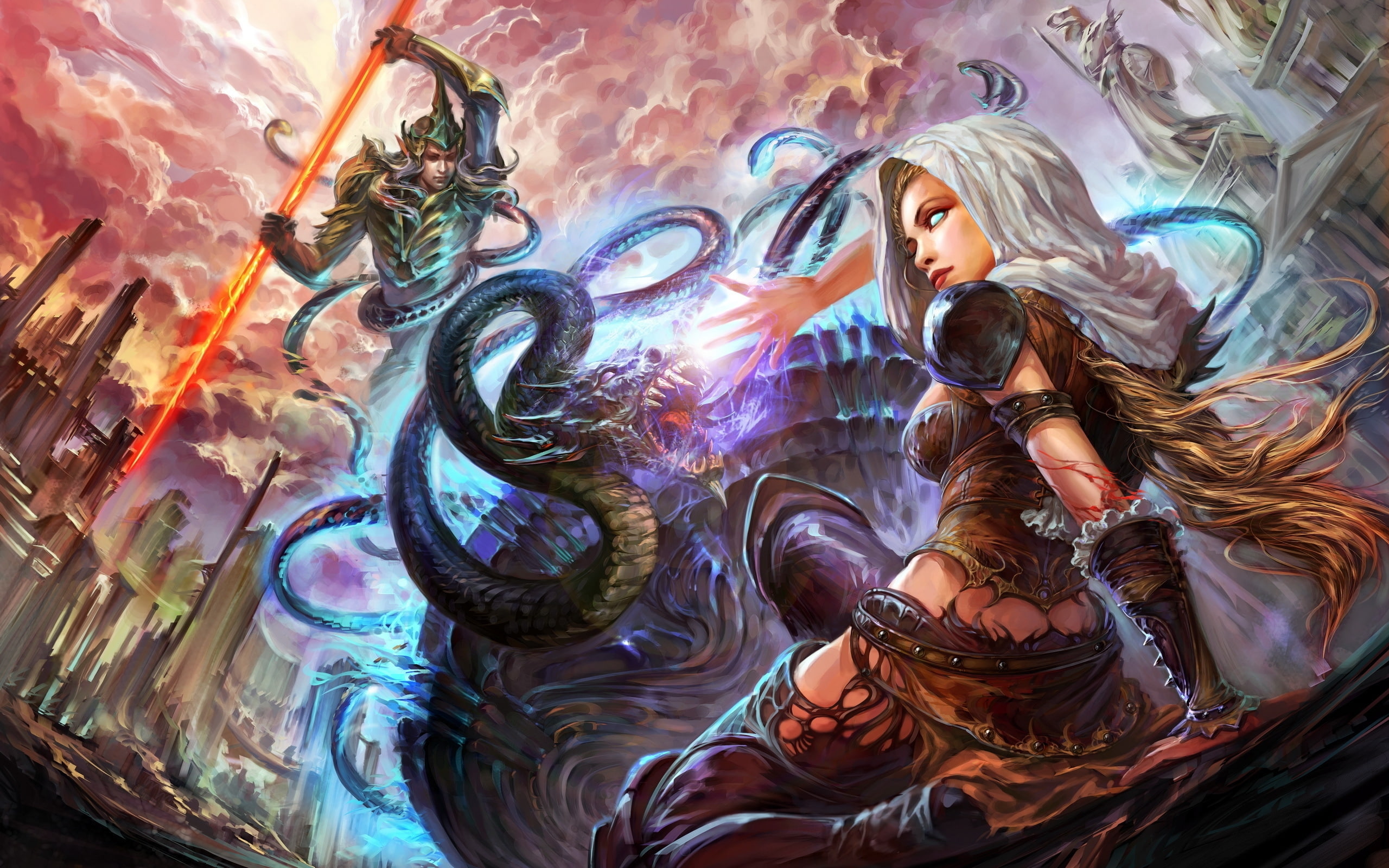 fight, forsaken, girl, world, boy, tail, spear, art, 2K, HD Wallpaper