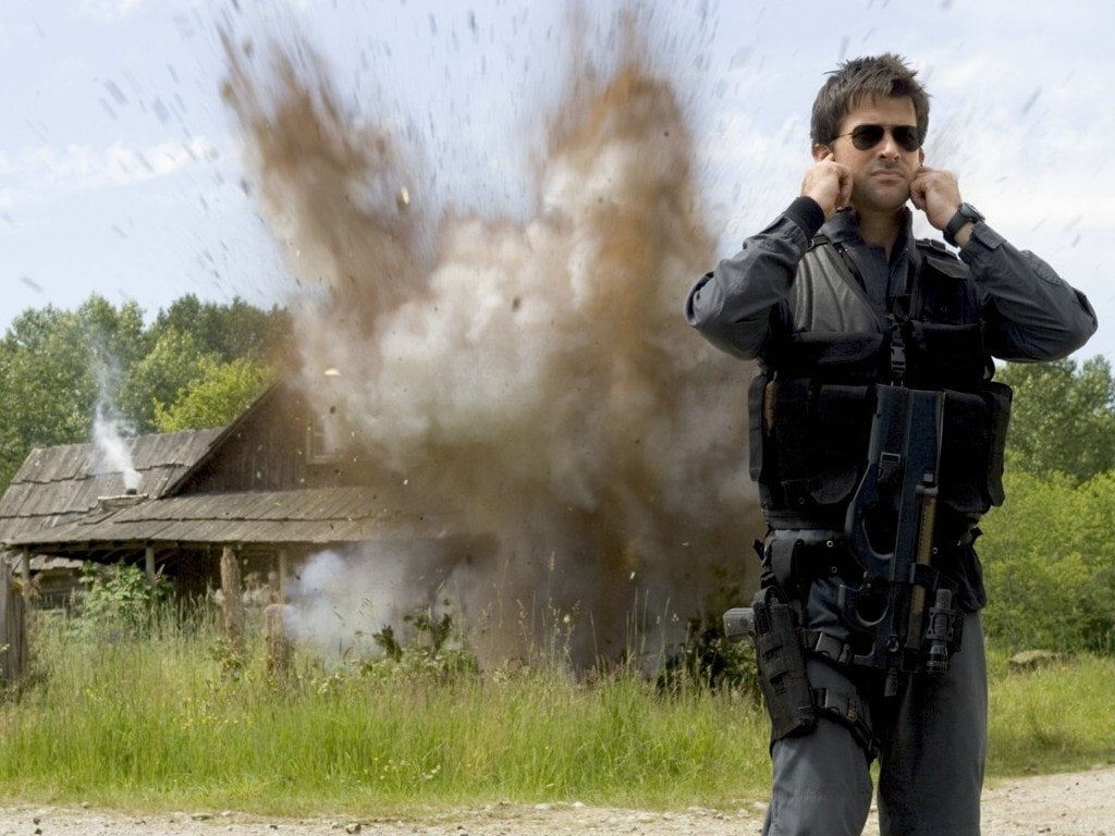 mag, armed forces, one person, safety, uniform, military, outdoors, smoke - physical structure, black, aggression, vest, Stargate, glasses, warning sign, HD Wallpaper