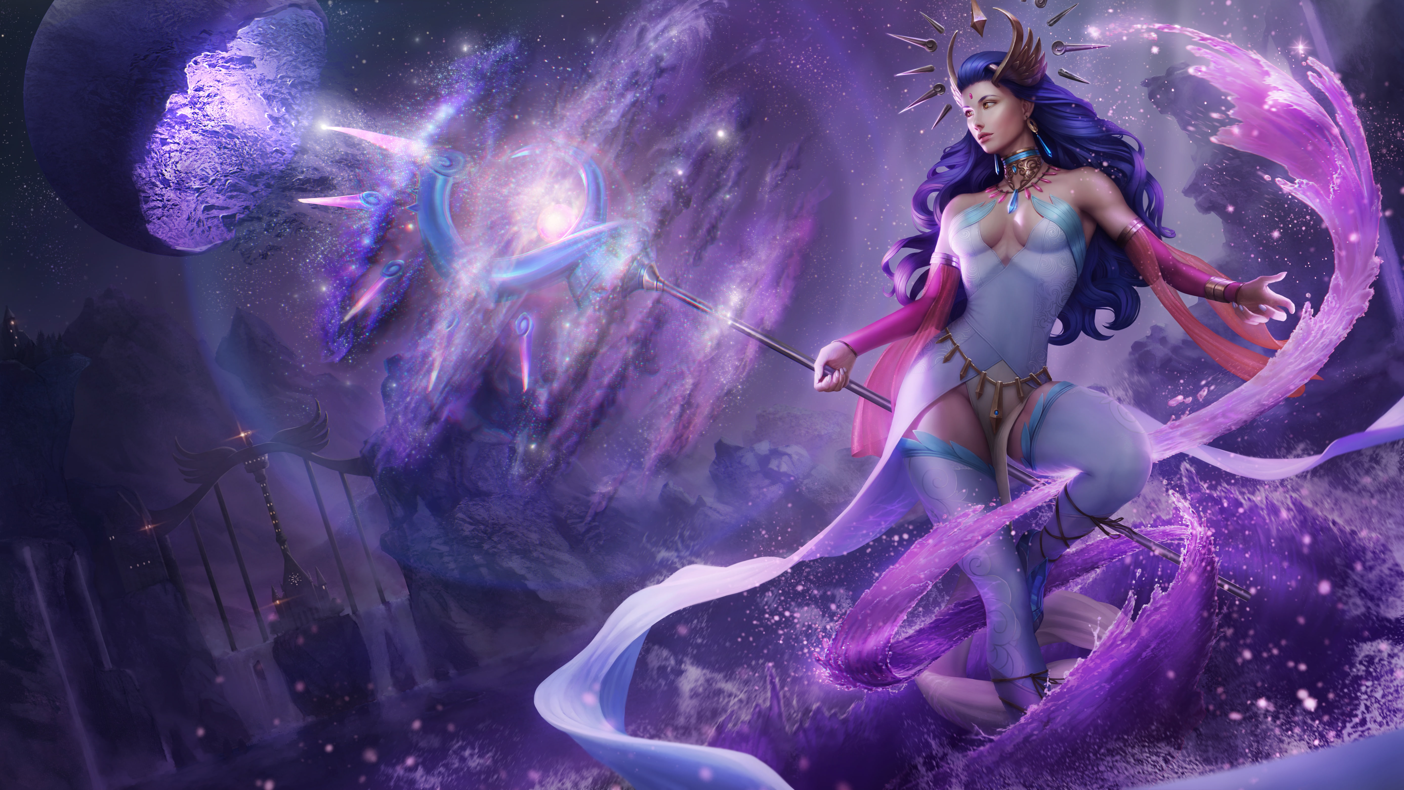 dress, girl, 5K, hair, MAG, art, beauty, magic, Lana Solaris, hairstyle, the wizard, staff, HD Wallpaper