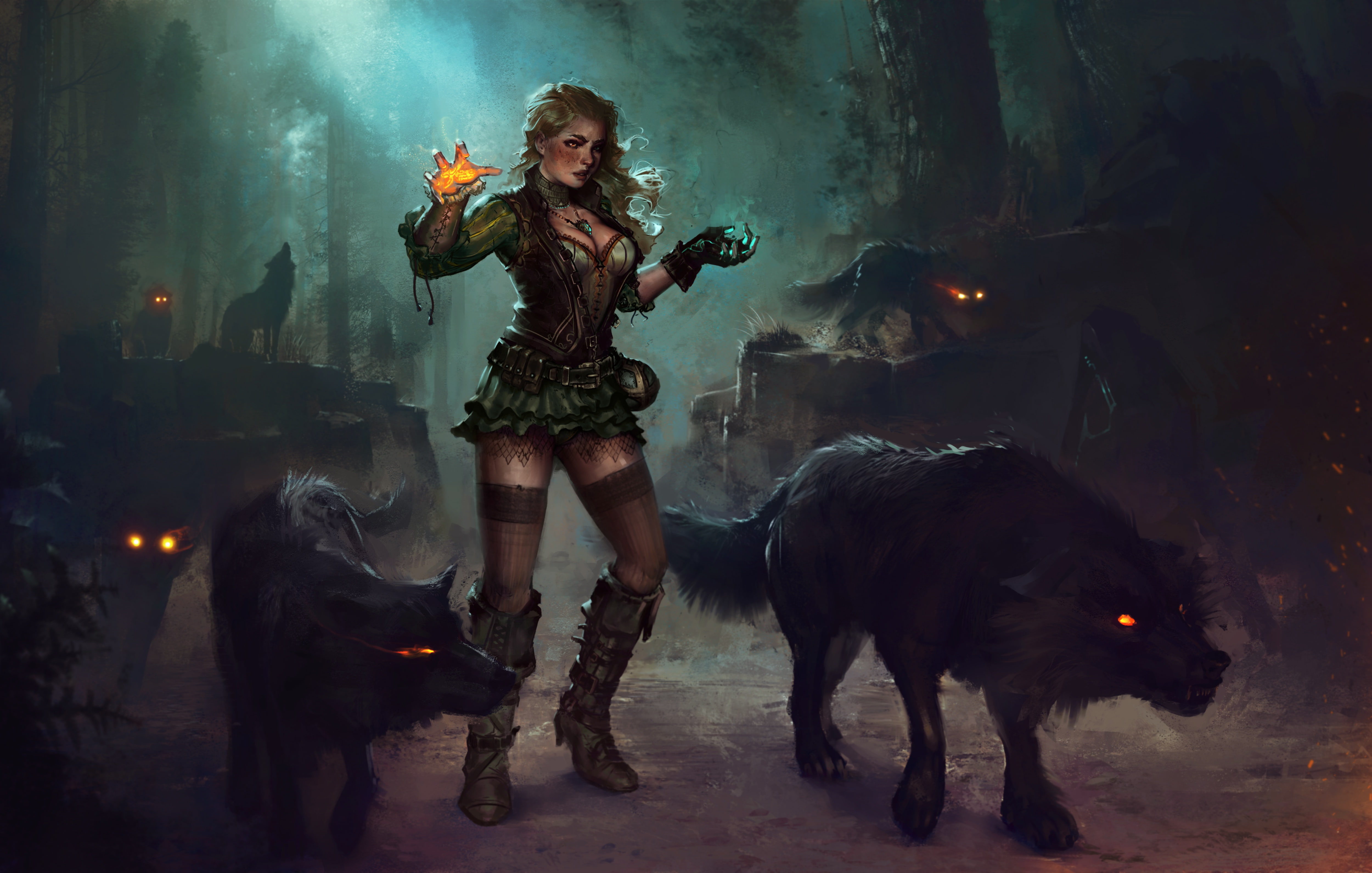 4K, blonde, night, witch, forest, art, dress, magic, MAG, wolves, girl, HD Wallpaper