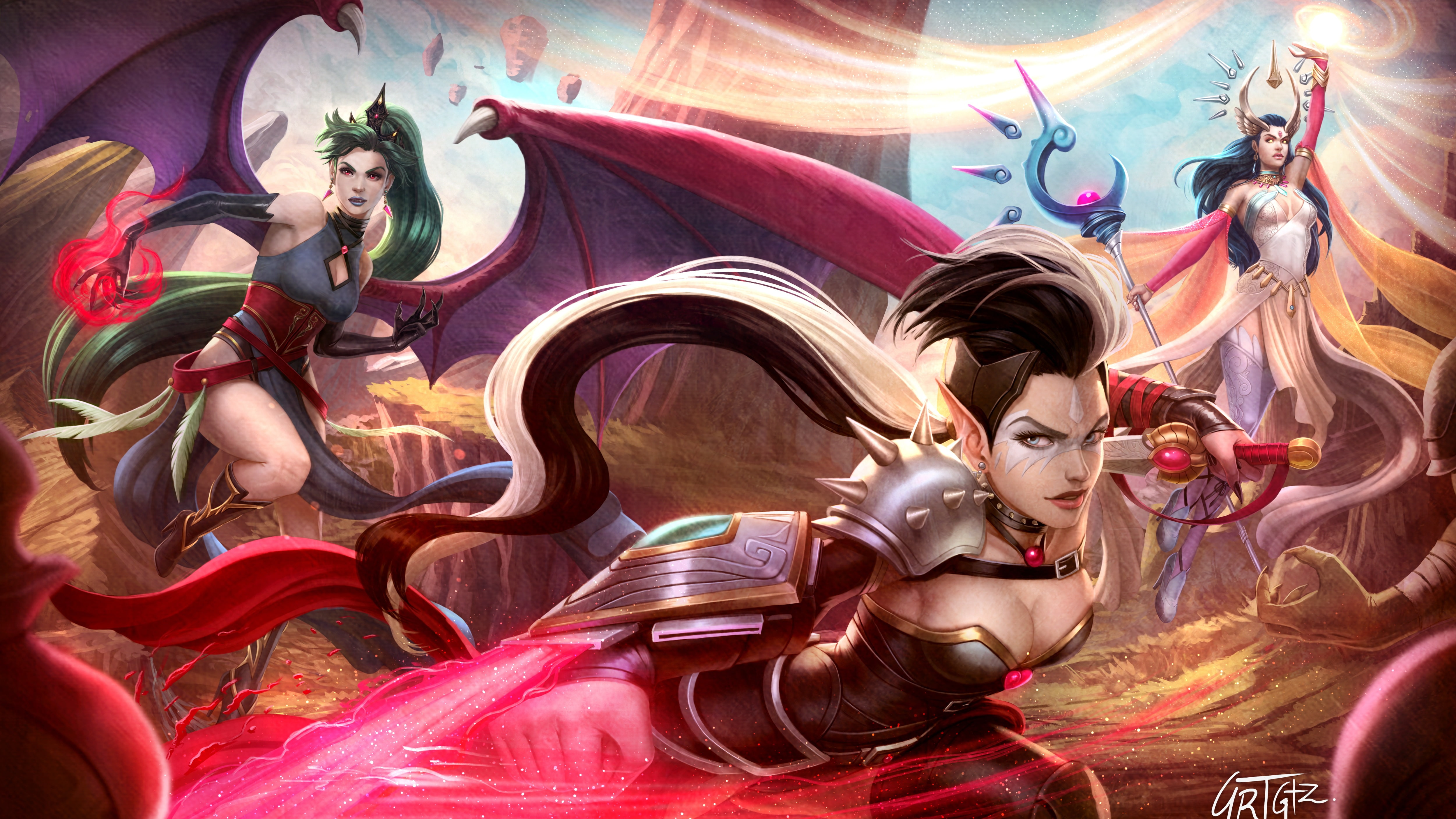 fiction, elf, MAG, art, wings, Lana Solaris, Antalya, dagger, 4K, Evelyn, girl, vampire, succubus, staff, HD Wallpaper