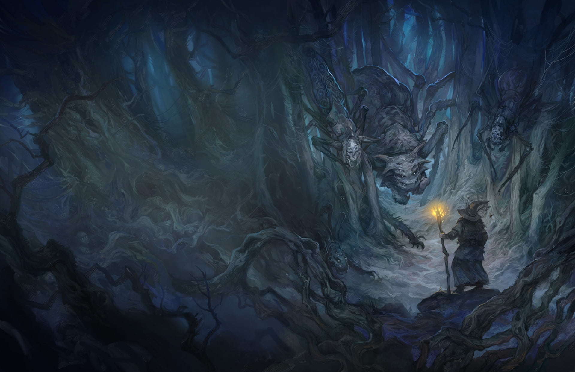 backgrounds, witch, art, motion, dark, deep, the Lord of the rings, backdrop, design, textured, chaos, night, blue, creativity, glowing, spider, fantasy, HD Wallpaper