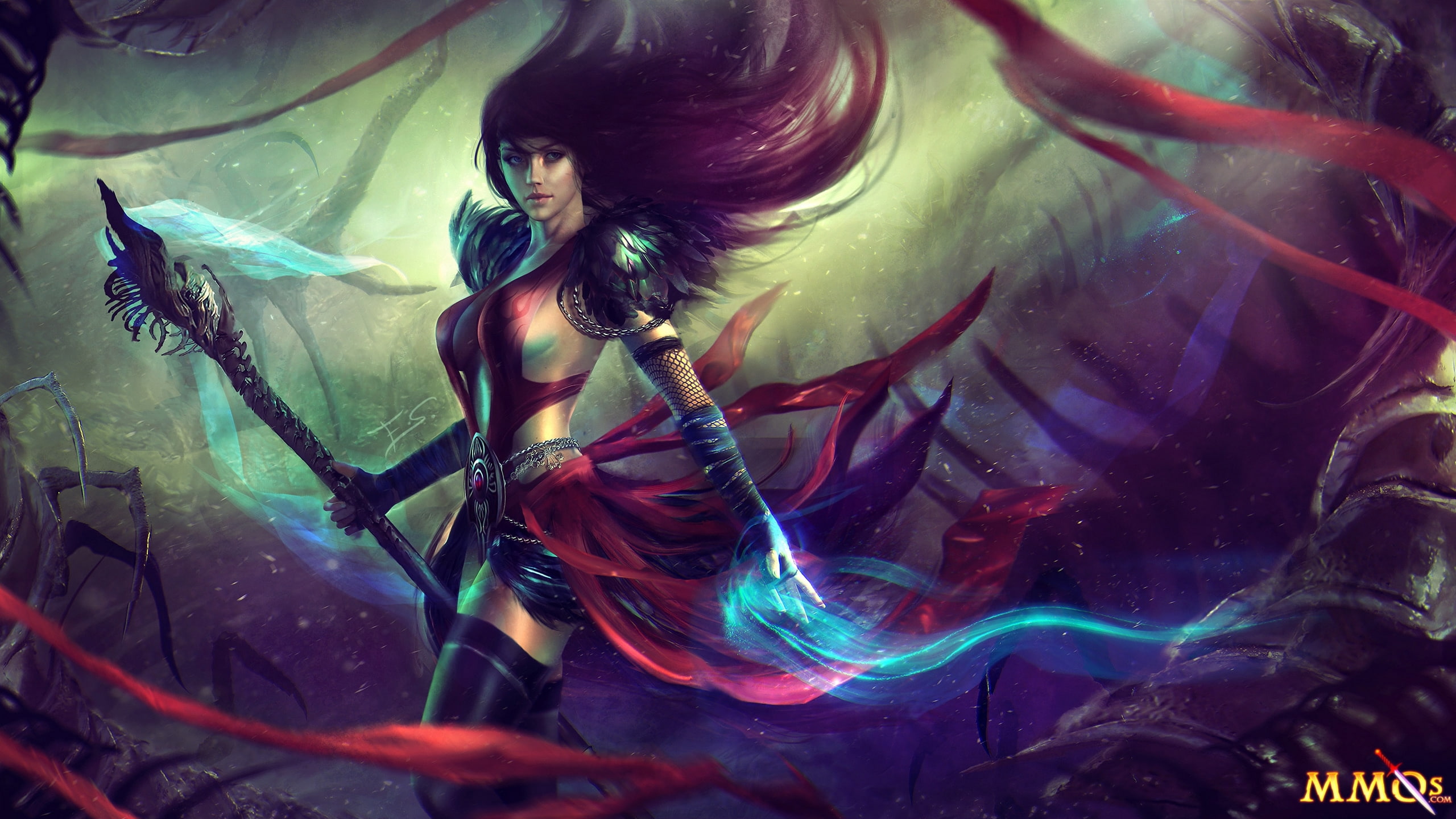 art, girl, Necromancer, Guild Wars 2, staff, MAG, beauty, hair, 2K, HD Wallpaper
