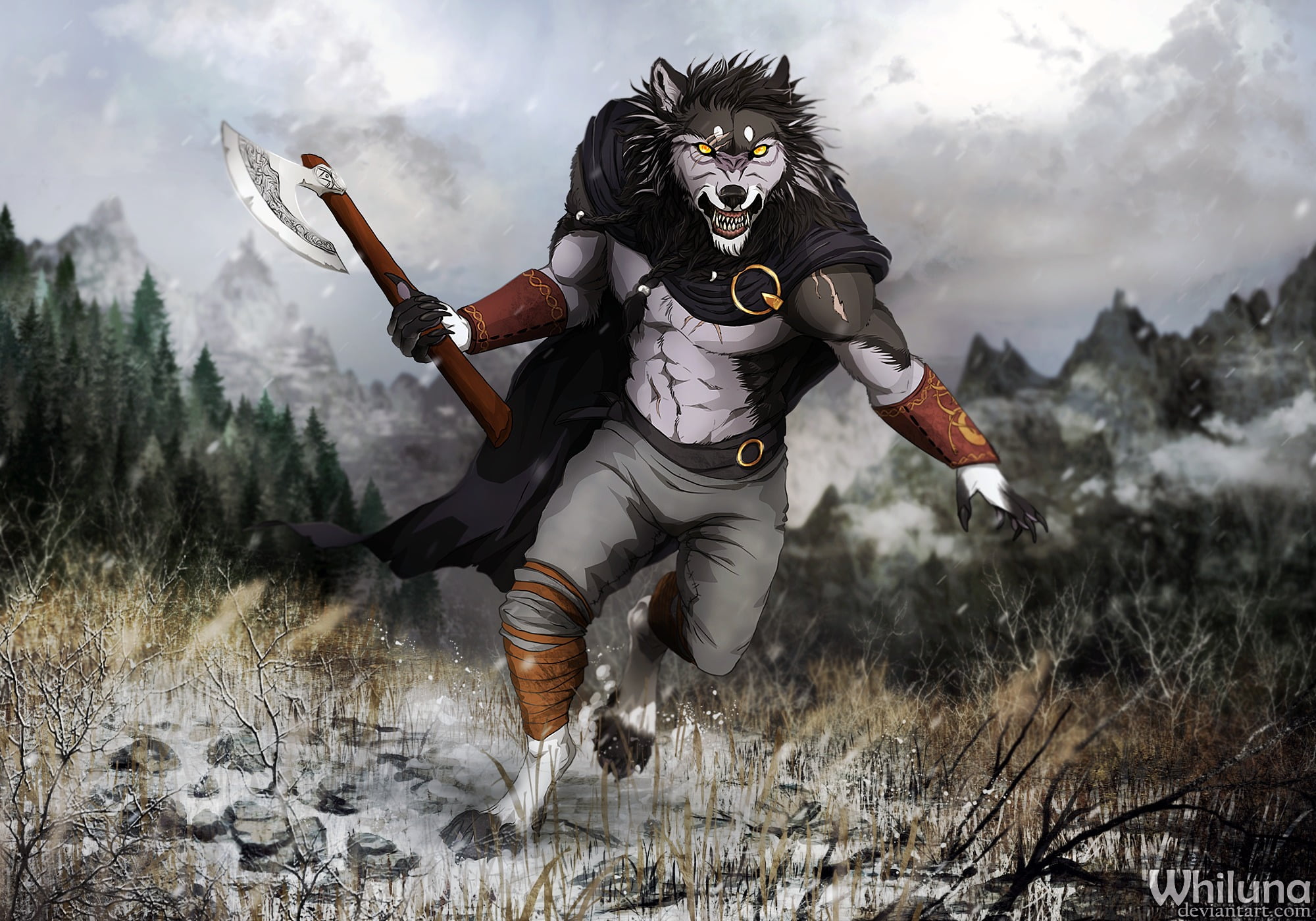 1080P, Anthro, full length, plant, front view, land, one person, anger, Worgen, tree, furry, focus on foreground, grass, aggression, outdoors, sky, nature, HD Wallpaper