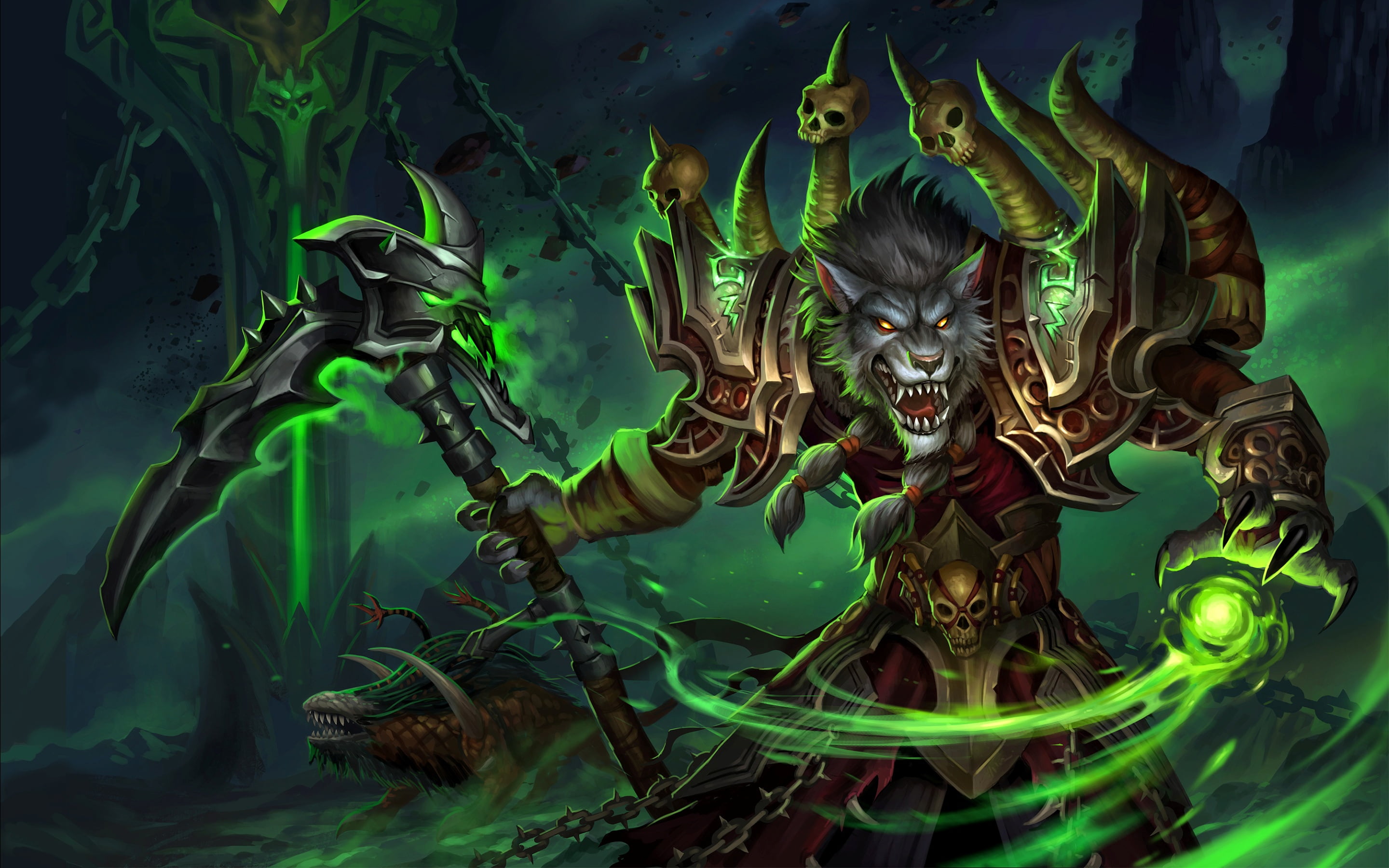 2K, digital, green color, art and craft, nature, sculpture, spirituality, statue, worgen, leaf, representation, animal wildlife, warcraft, wolf, plant part, HD Wallpaper