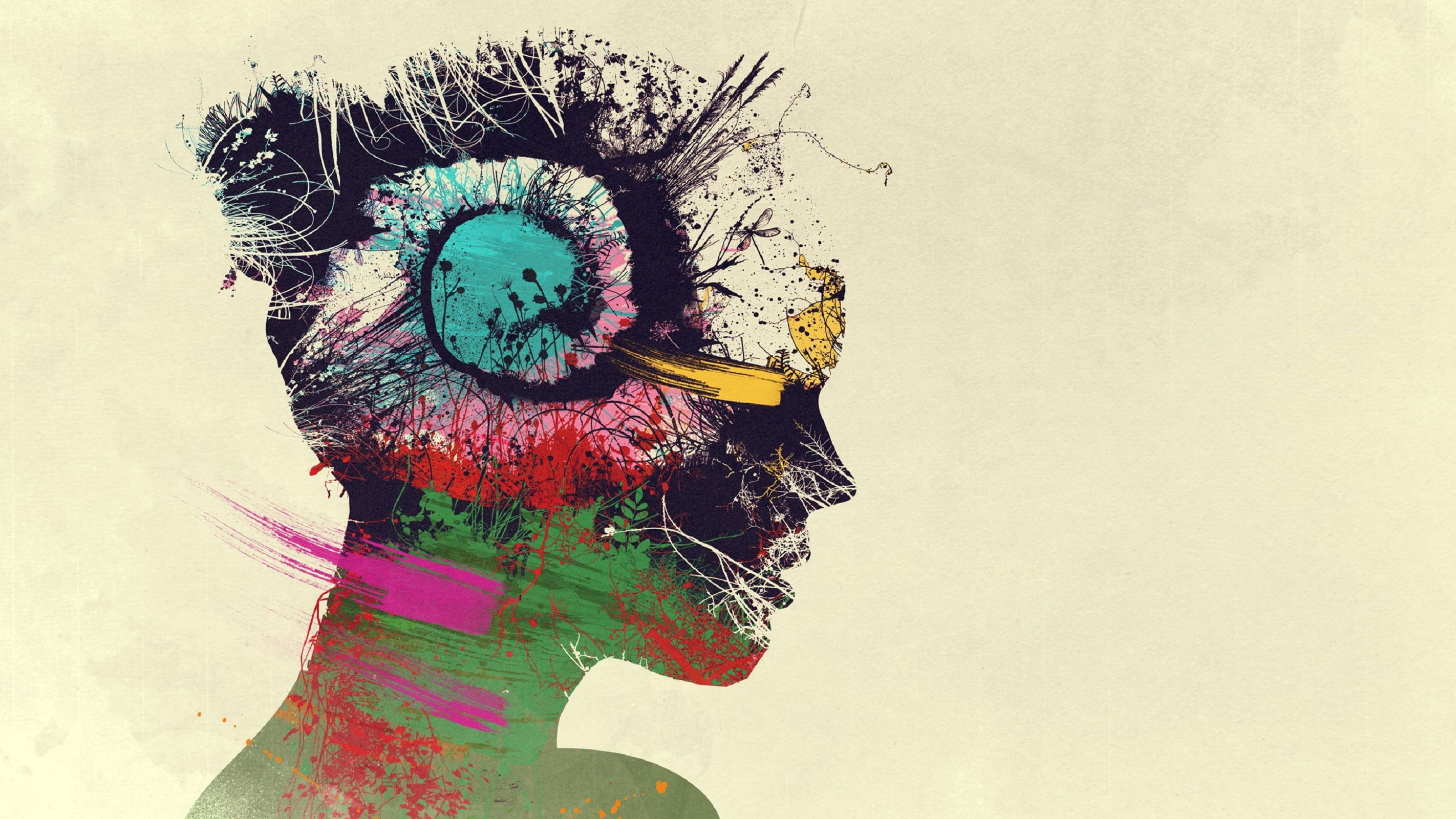 simple, art, double, 2844x1600 px, digital art, aircraft, 2K, exposure, colorful, women, mind, space, simple background, Double Exposure, hd, digital, HD Wallpaper