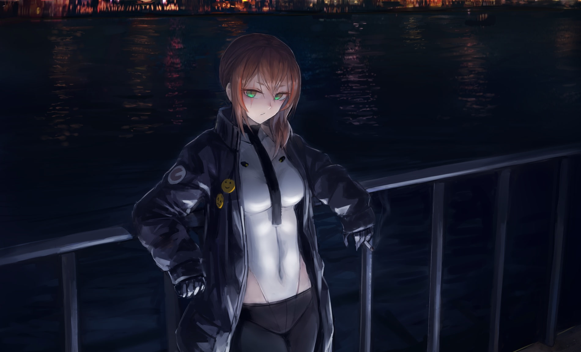 bangs, green eyes, Anime Grasoso, standing, bodysuit, night, tie, leisure activity, fringe hair, portrait, young women, one person, anime, lifestyles, 720P, HD Wallpaper