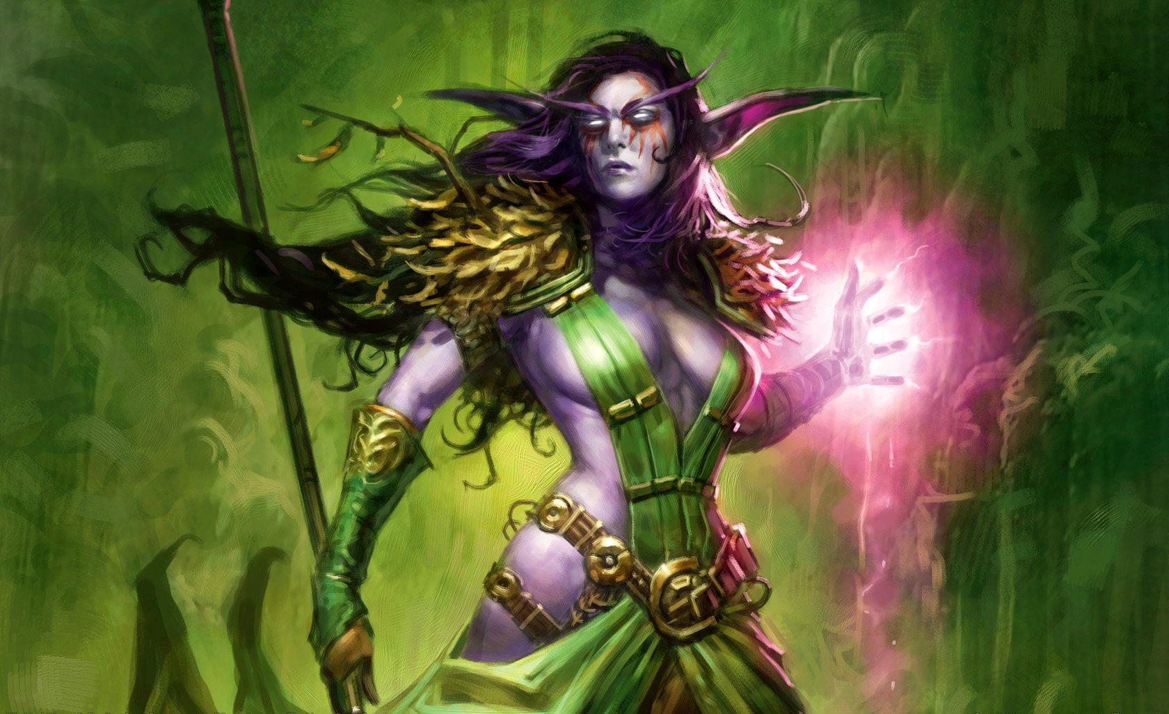 one person, hairstyle, adult, beauty, Priest, young women, witch, long hair, green color, body paint, studio shot, Druid, Elf, Warcraft, looking at camera, HD Wallpaper