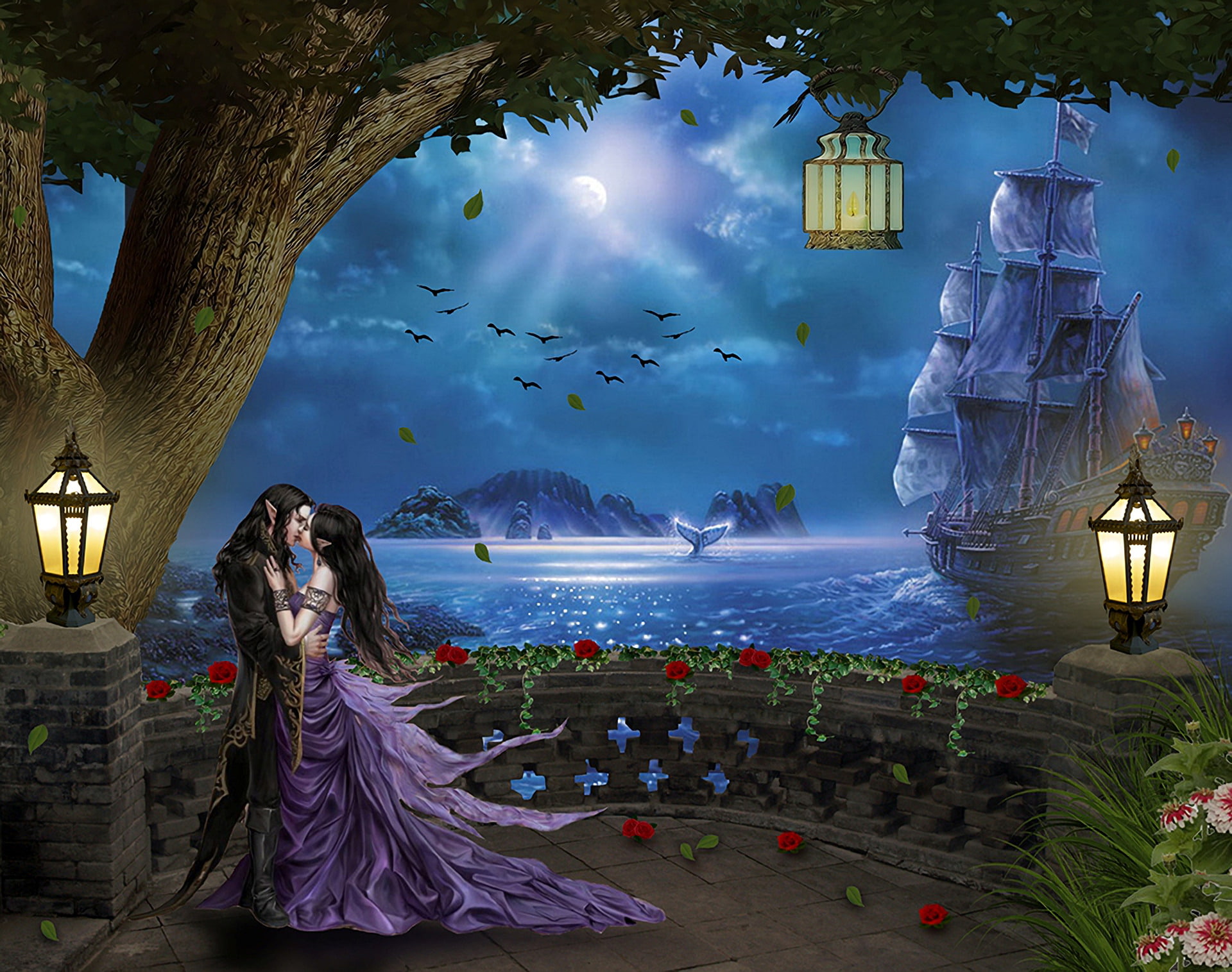 Tree, adult, Dancing, Flower, celebration, sky, illuminated, Lantern, Fantasy, two people, land, Elf, couple - relationship, Couple, lighting equipment, HD Wallpaper