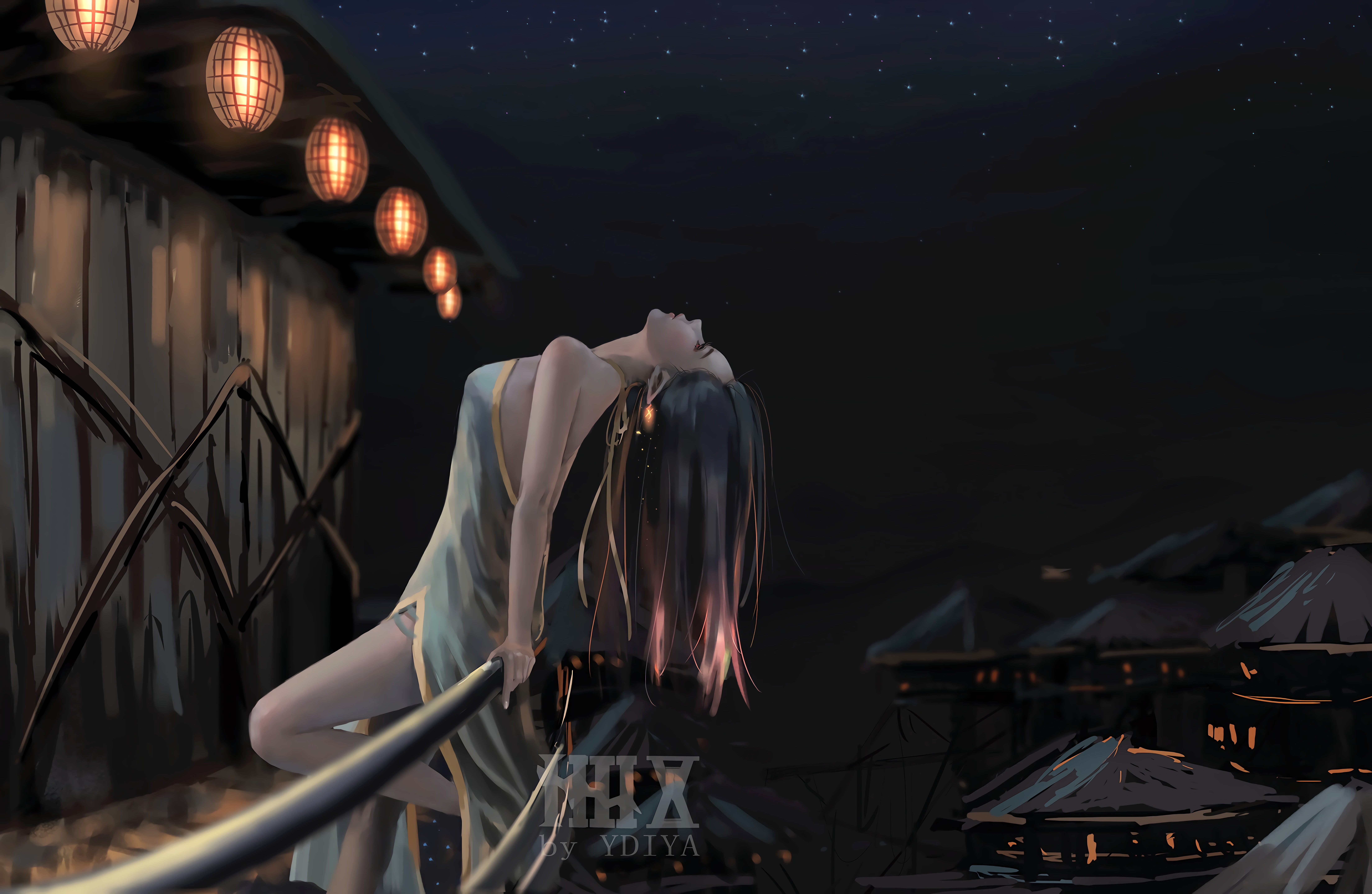 artwork, long hair, stars, fantasy art, sky, digital art, elf, fantasy, lanterns, arched back, pointy ears, Ydiya Kai, 8K, pointed ears, huts, bare shoulders, HD Wallpaper