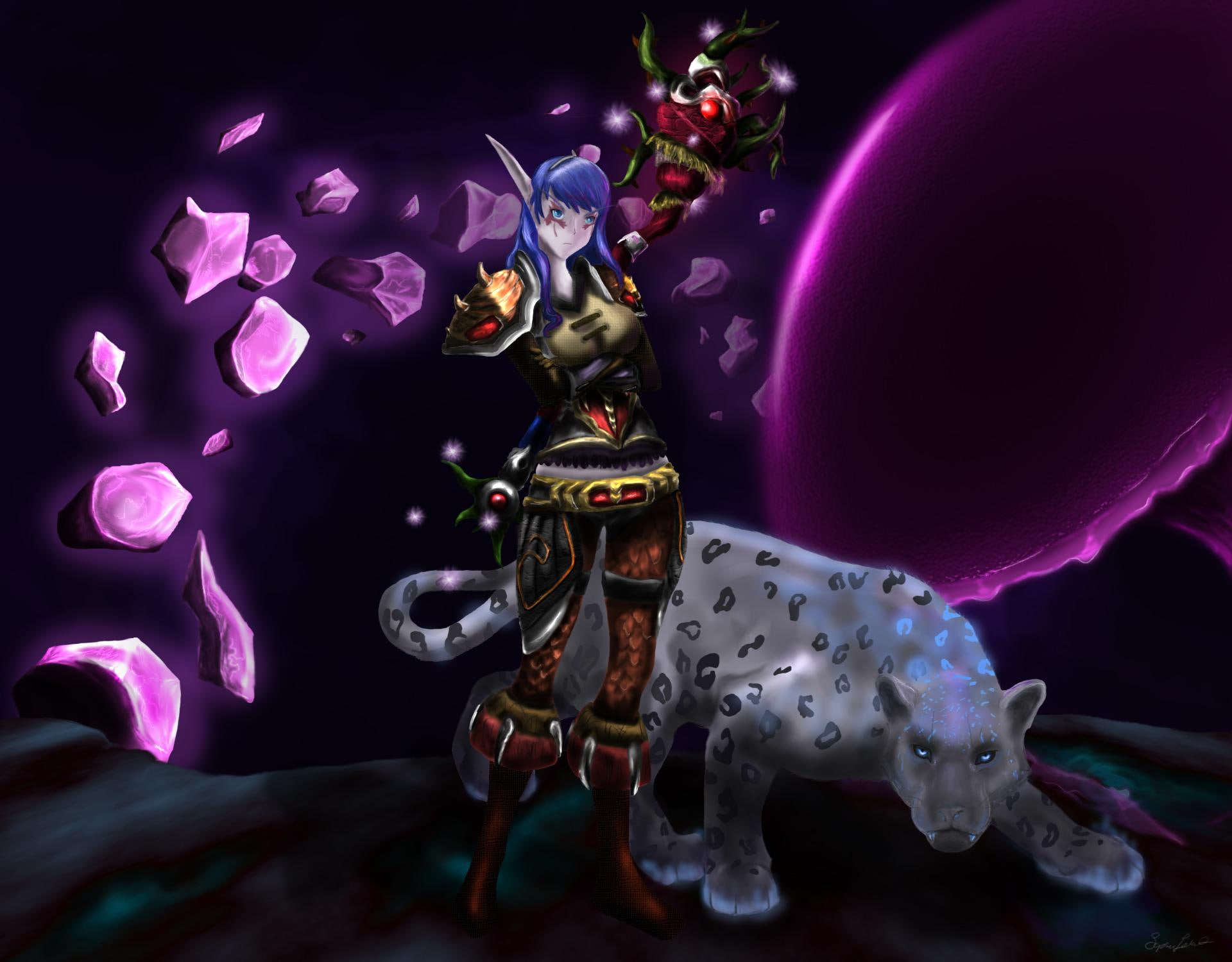 beautiful, night, loque nahak, elf, deepholm, hunter, photoshop, world of warcraft, 1080P, night elf, purple, magic, HD Wallpaper