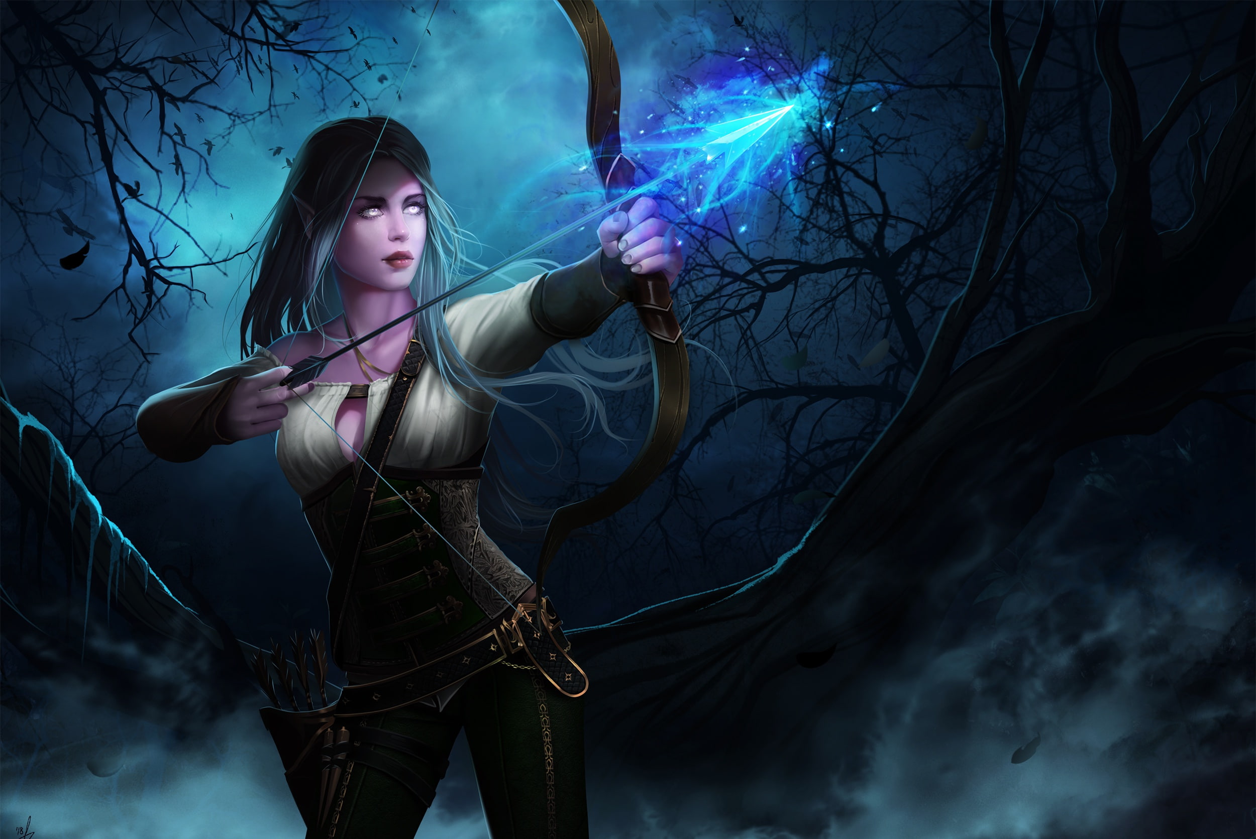 blue, hair, long, night, girl, bow, archer, 1080P, world, warcraft, elf, arrow, HD Wallpaper