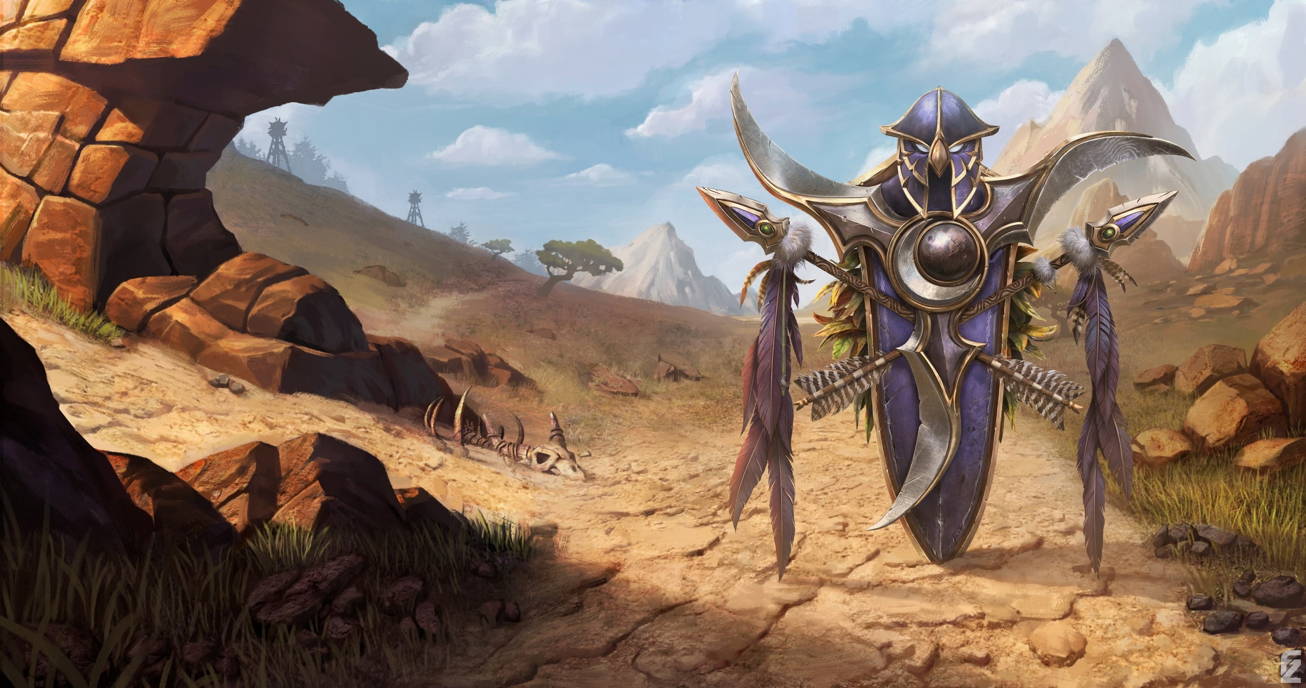 Blizzard Entertainment, shield, game, pearls, 2K, World of Warcraft 3: Reforged, skeleton, weapons, mountains, spears, fantasy art, World of Warcraft, HD Wallpaper