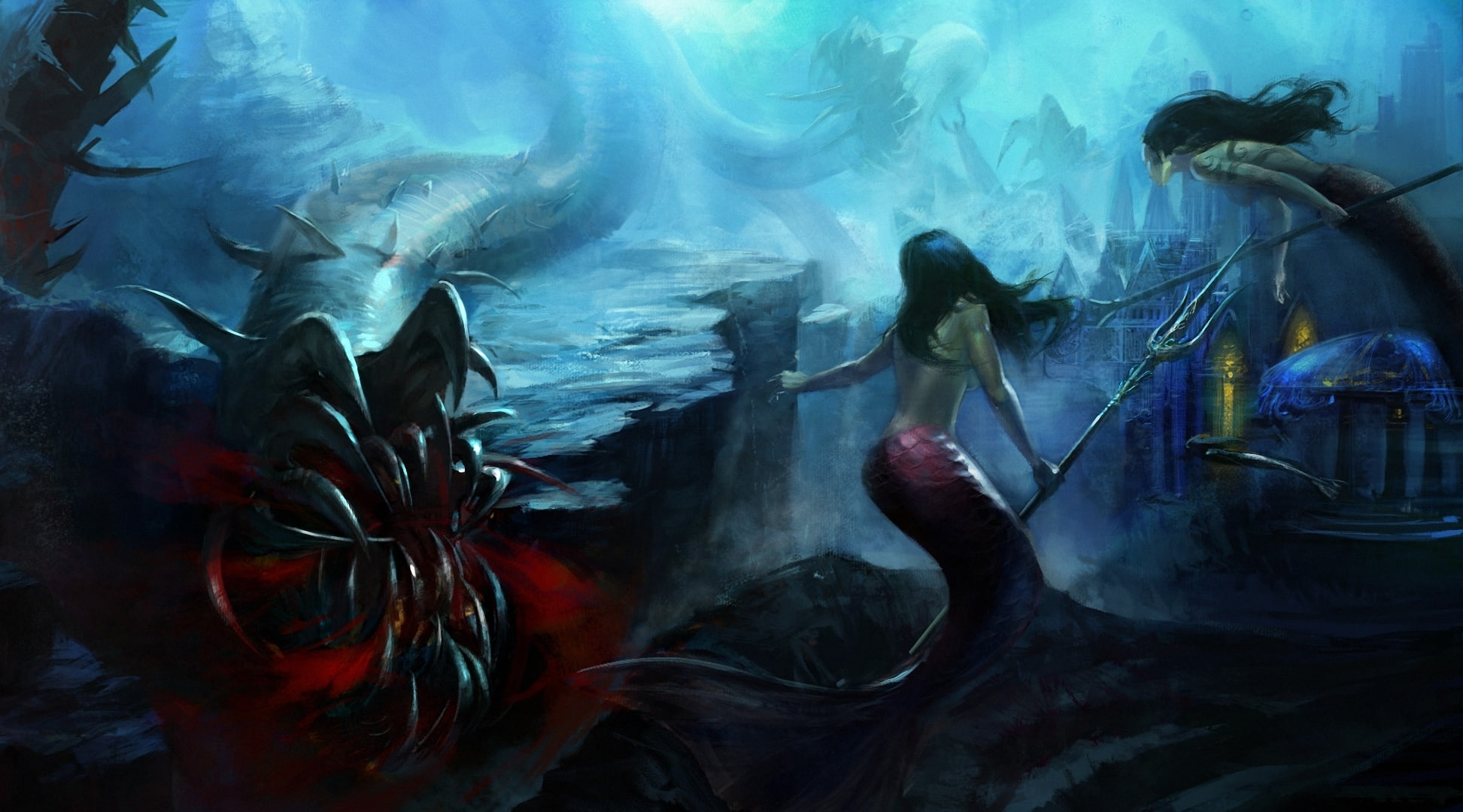 nature, monsters, sea, large group of animals, rocks, undersea, weapons, animal, marine, animals in captivity, vertebrate, mermaids, mermaid, group of animals, HD Wallpaper
