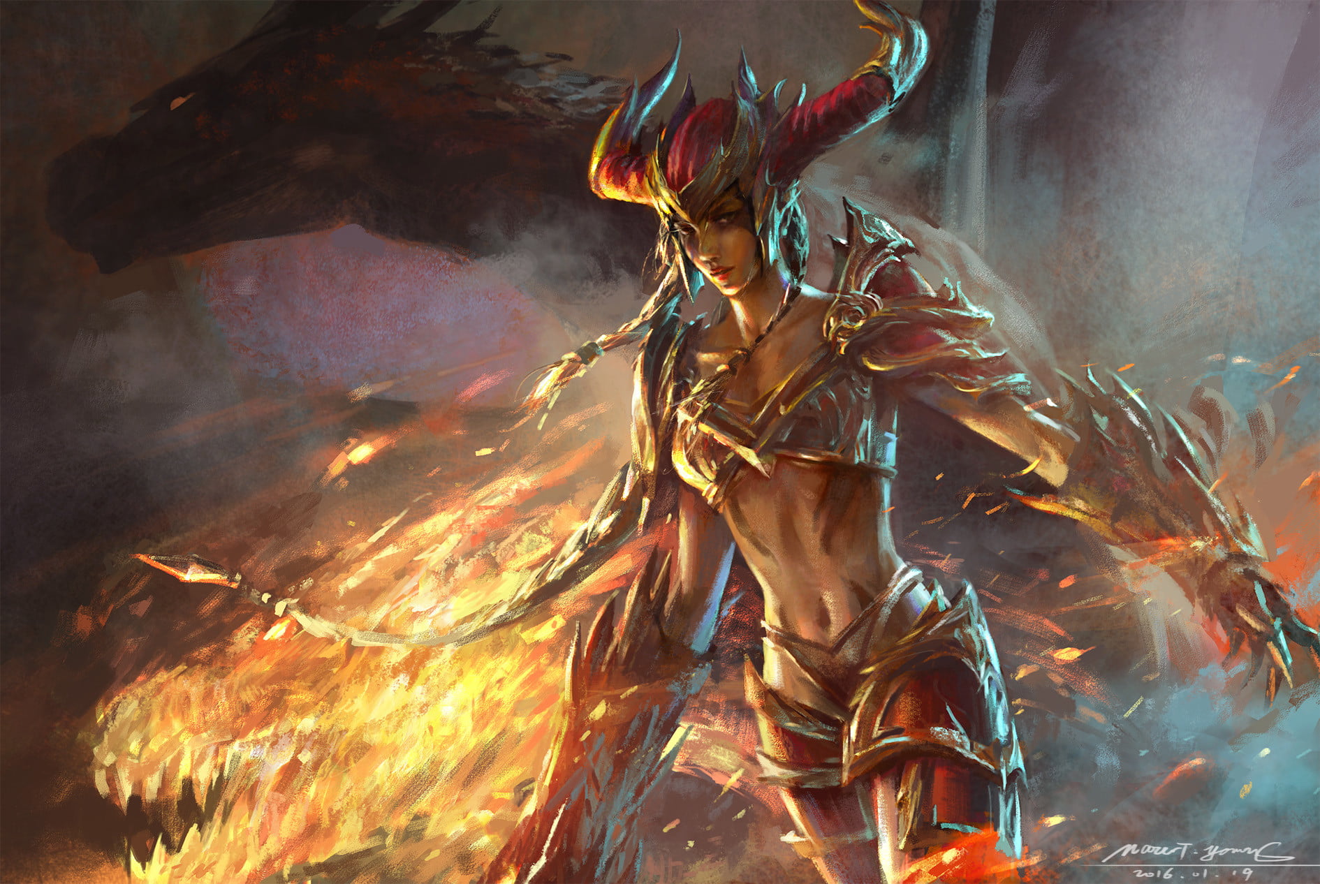 720P, Mazert Young, League of Legends, Shyvana, fire, HD Wallpaper