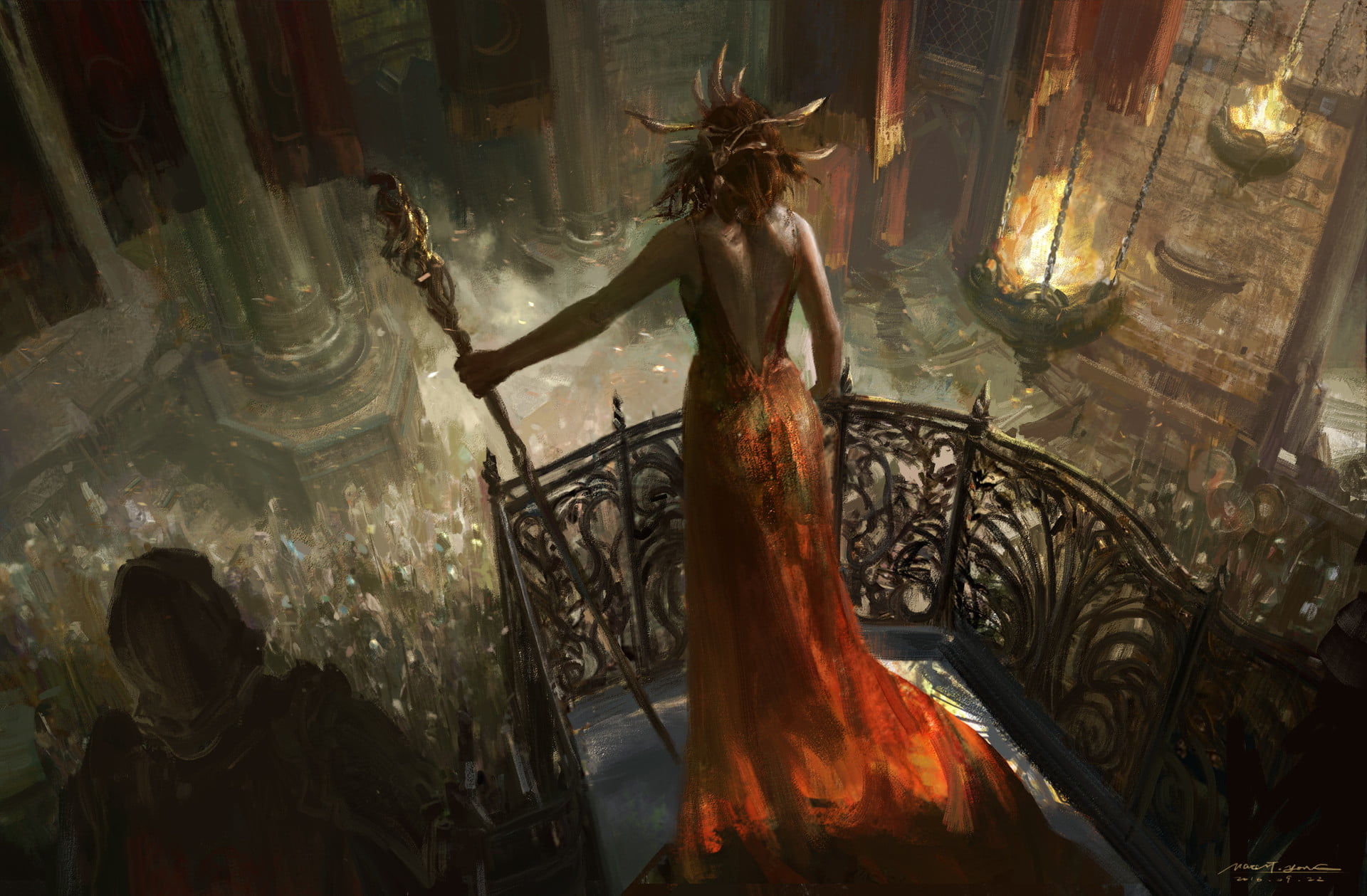 Mazert Young, 1080P, balcony, widow, red dress, HD Wallpaper
