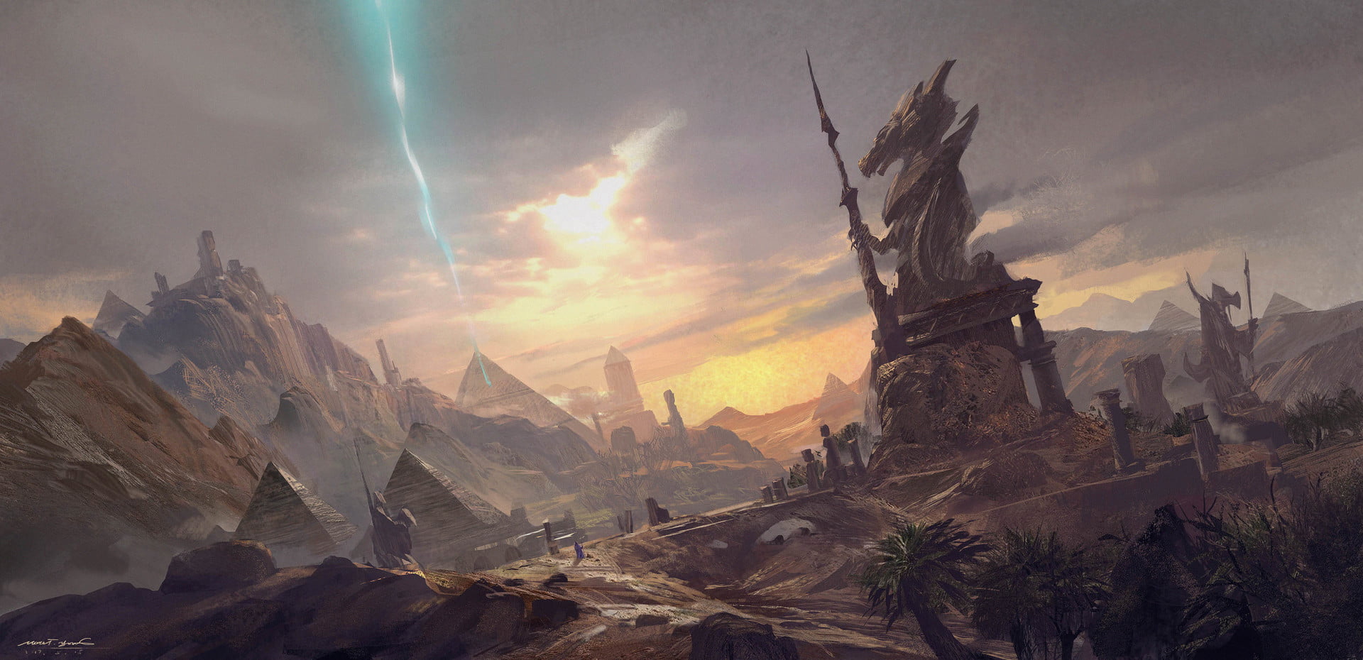 Mazert Young, landscape, fantasy art, 1080P, sky, ArtStation, pyramid, artwork, HD Wallpaper
